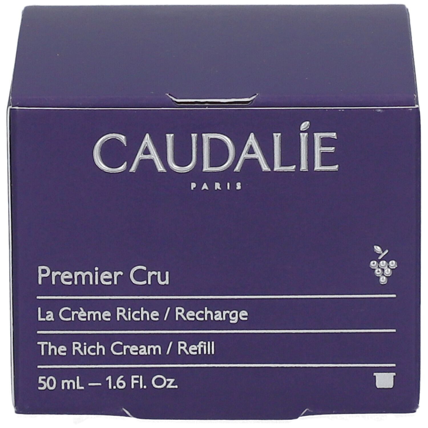 Dunkelviolette Kartonverpackung. Aufschrift: Caudalie, Premier Cru, La Crème Riche / Recharge, The Rich Cream / Refill. 50 ml - 1.6 Fl. Oz.