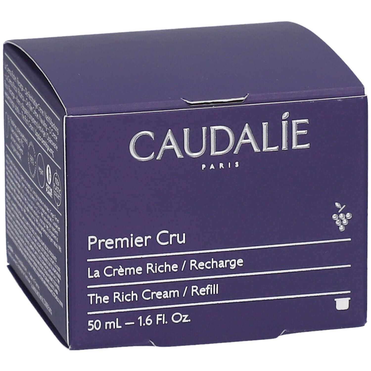 Dunkelviolette Kartonverpackung. Aufschrift: Caudalie, Premier Cru, La Crème Riche / Recharge, The Rich Cream / Refill. 50 ml - 1.6 Fl. Oz.