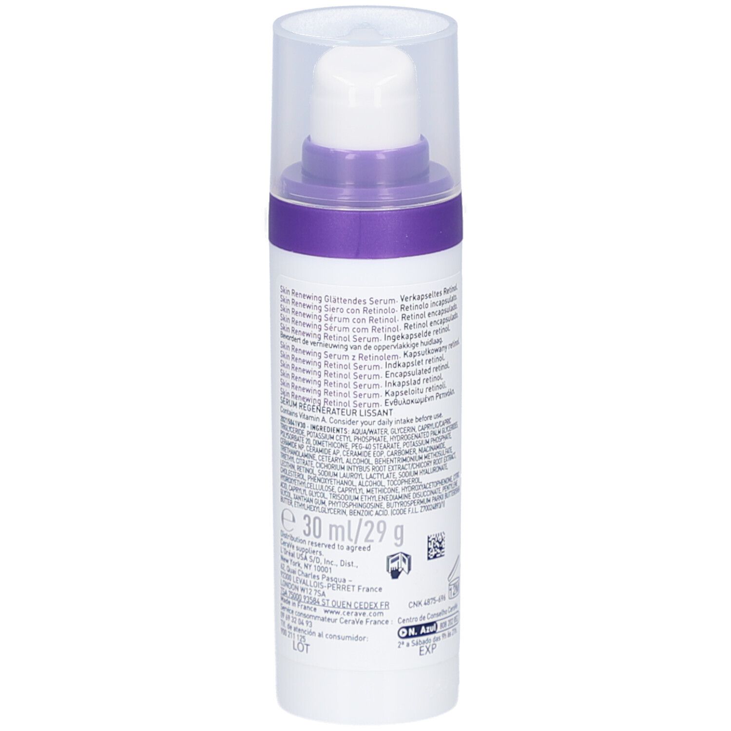 Rückseite der CeraVe Retinol Serum Flasche. Text und Inhaltsstoffe.