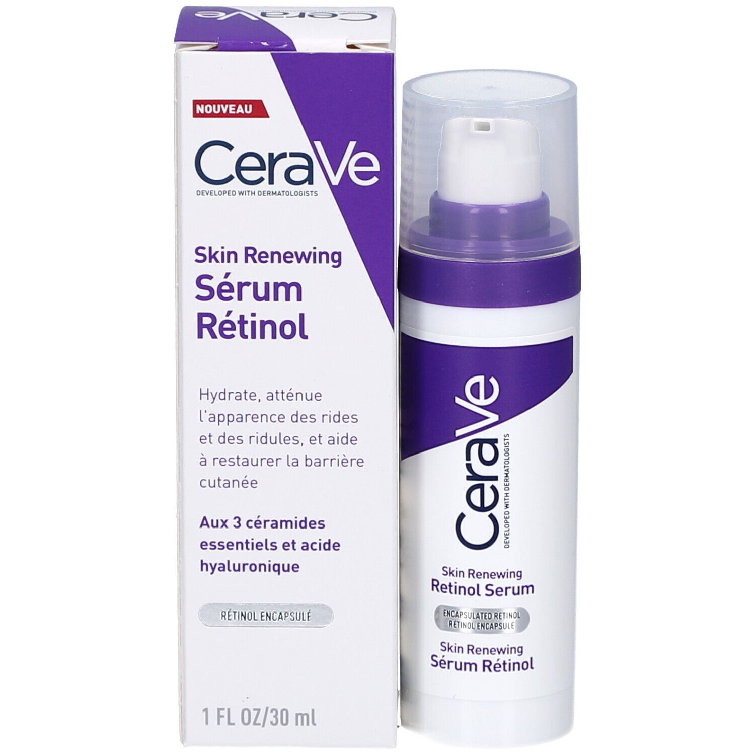CeraVe Skin Renewing Retinol Serum. Flasche und Verpackung. Text.