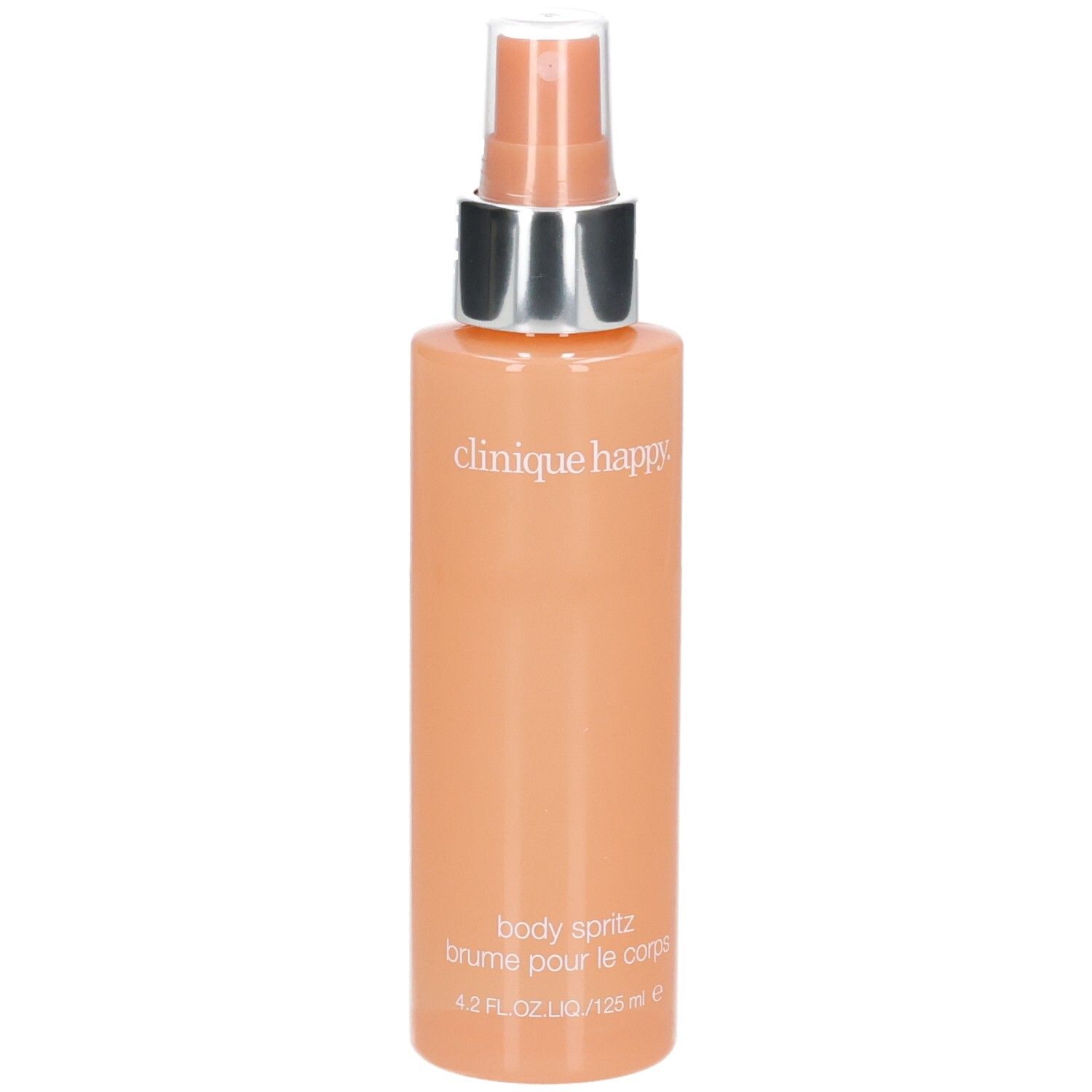 Körper-Spritz-Flasche. Pfirsichfarbenes Glas mit silbernem Sprühkopf. Schriftzug: Clinique Happy, Body Spritz.