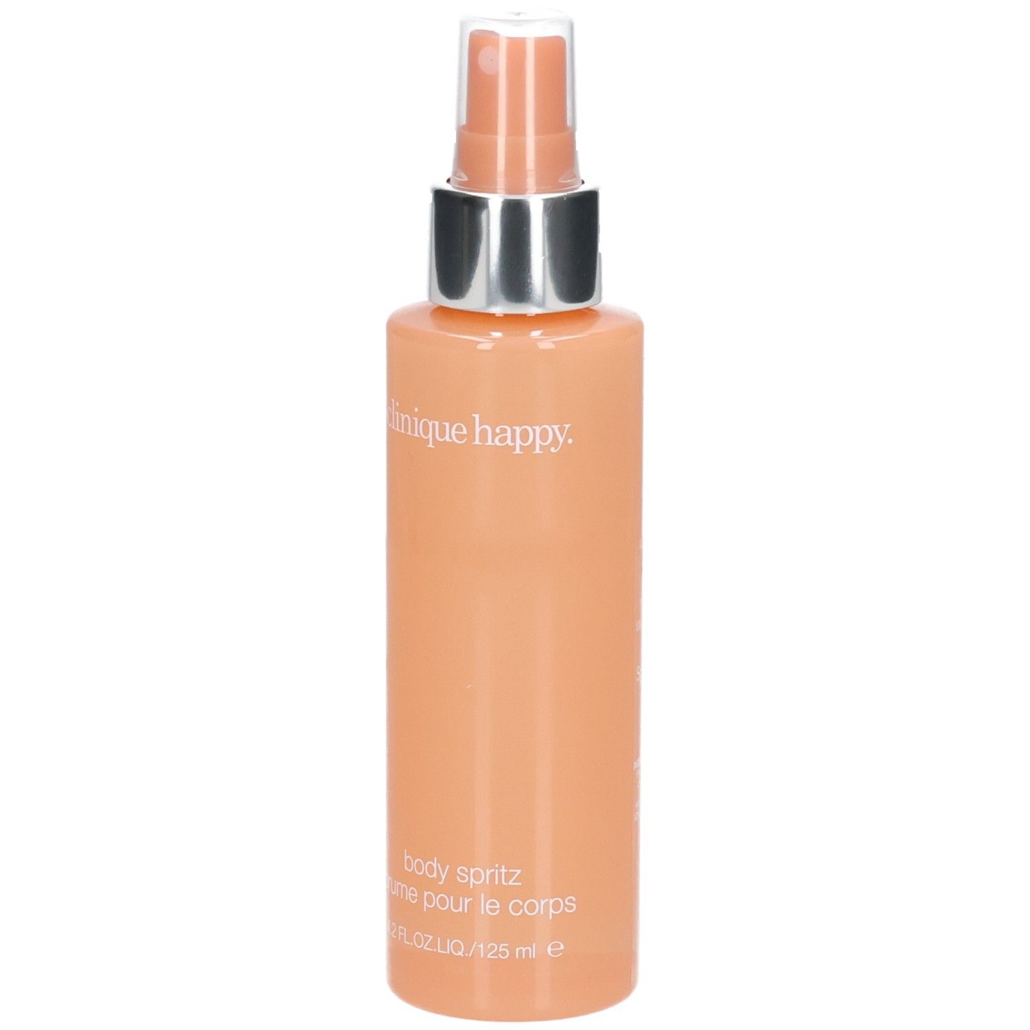 Körper-Spritz-Flasche. Pfirsichfarbenes Glas mit silbernem Sprühkopf. Schriftzug: Clinique Happy, Body Spritz.