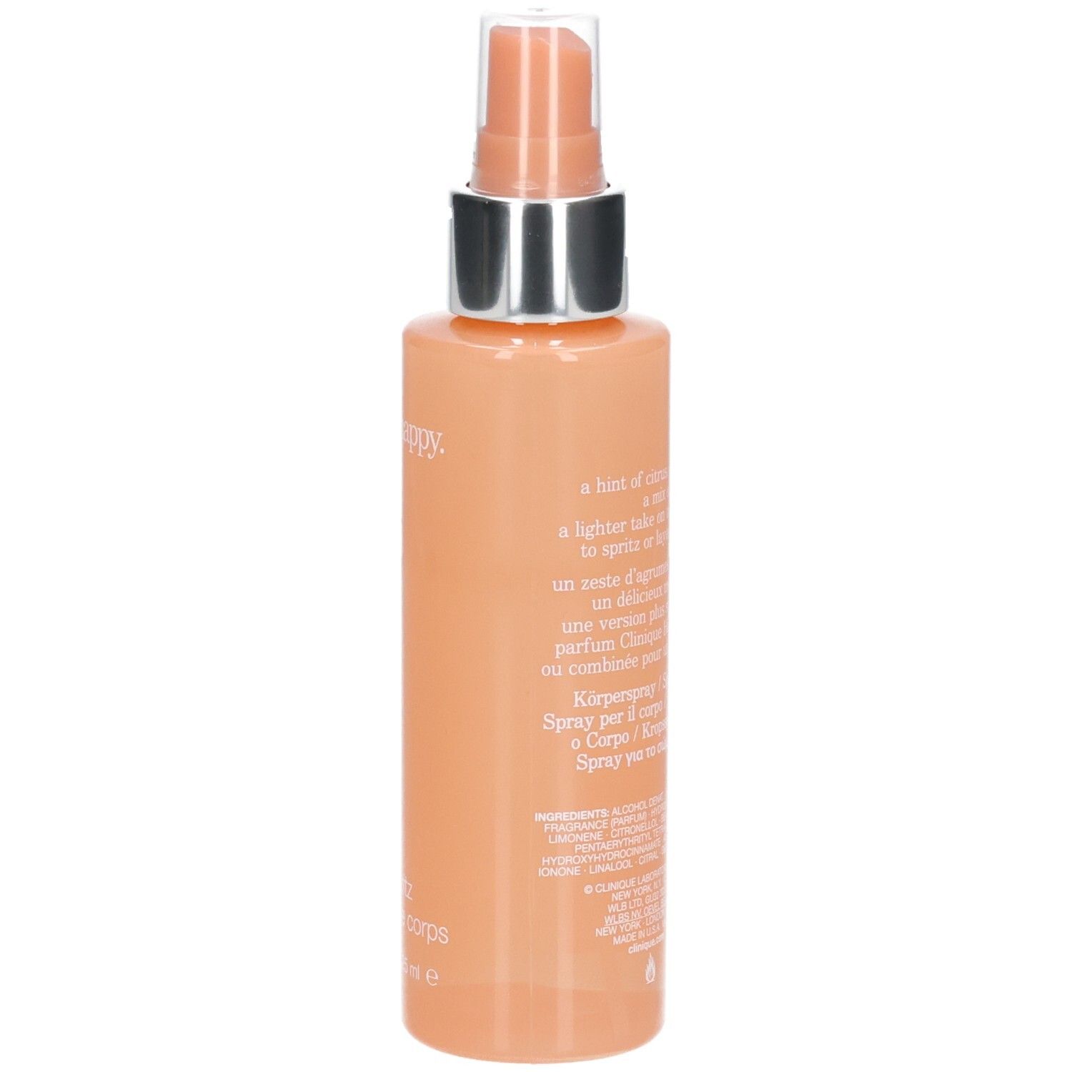 Rückansicht der Körper-Spritz-Flasche. Pfirsichfarbenes Glas mit Text. Schriftzug: Clinique Happy, Body Spritz.