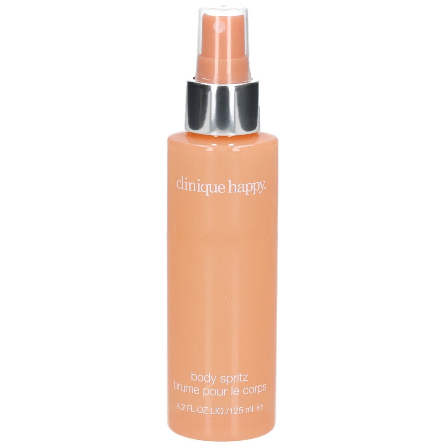 Körper-Spritz-Flasche. Pfirsichfarbenes Glas mit silbernem Sprühkopf. Schriftzug: Clinique Happy, Body Spritz.