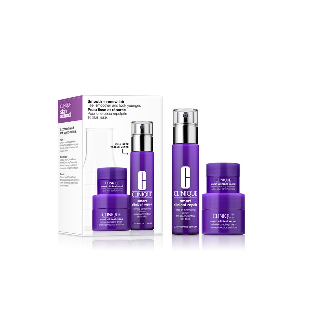 Clinique Smooth & Renew Set. Sechs Produkte in lila Behältern und einer weißen Verpackung. Enthält Serum, Creme und Augencreme.