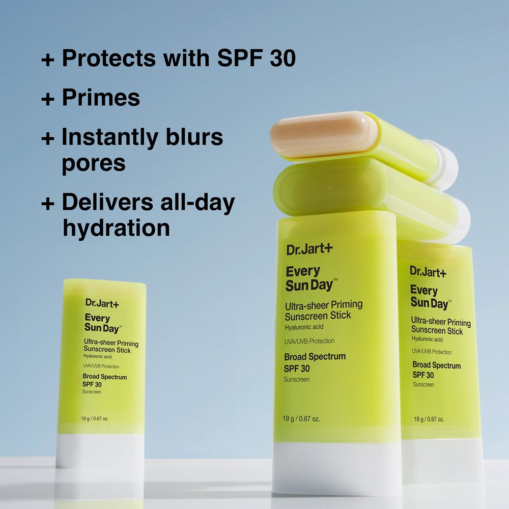 Dr.Jart+ Every Sun Day Sticks. Text: Schützt mit SPF 30, grundiert, verkleinert Poren, hydratisiert.