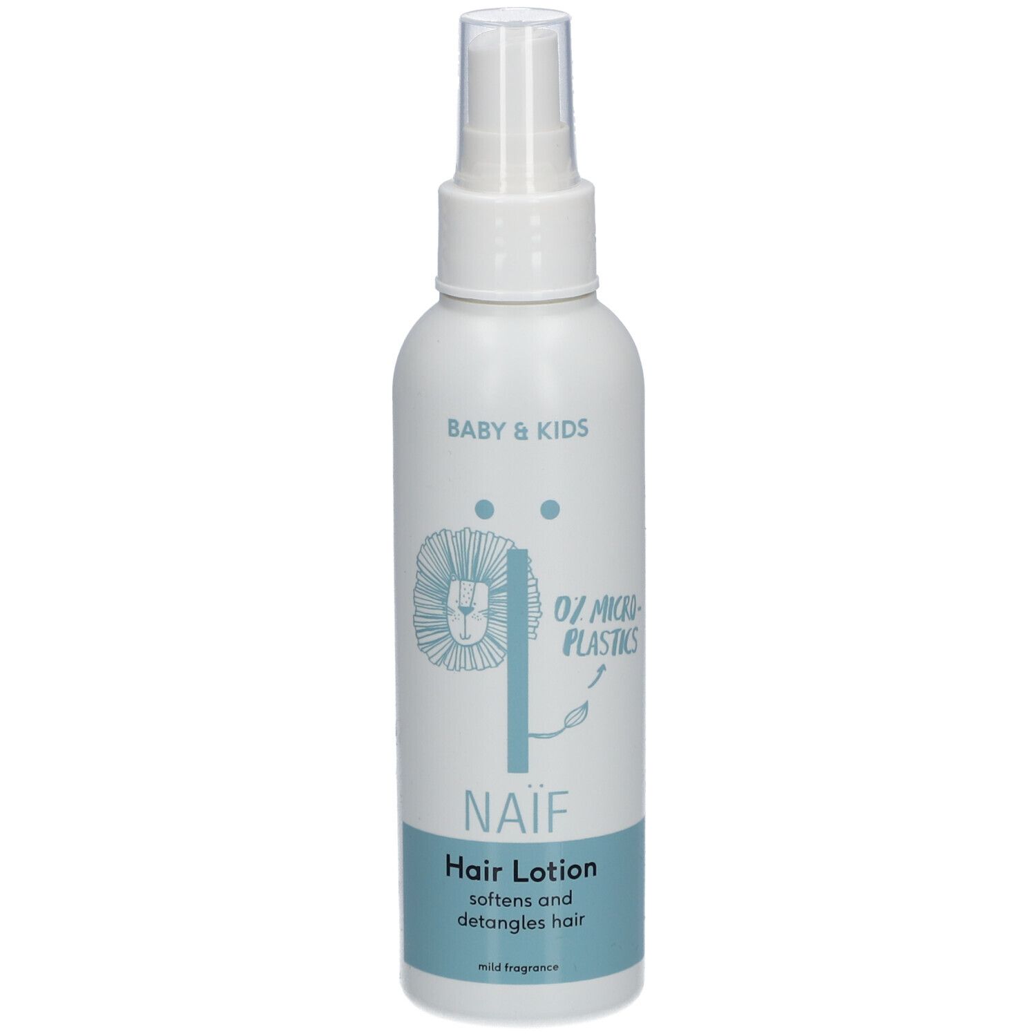 Weiße Flasche mit Sprühkopf. Aufschrift: Naïf, Hair Lotion. Enthält 0% Mikroplastik. Für Baby & Kids.