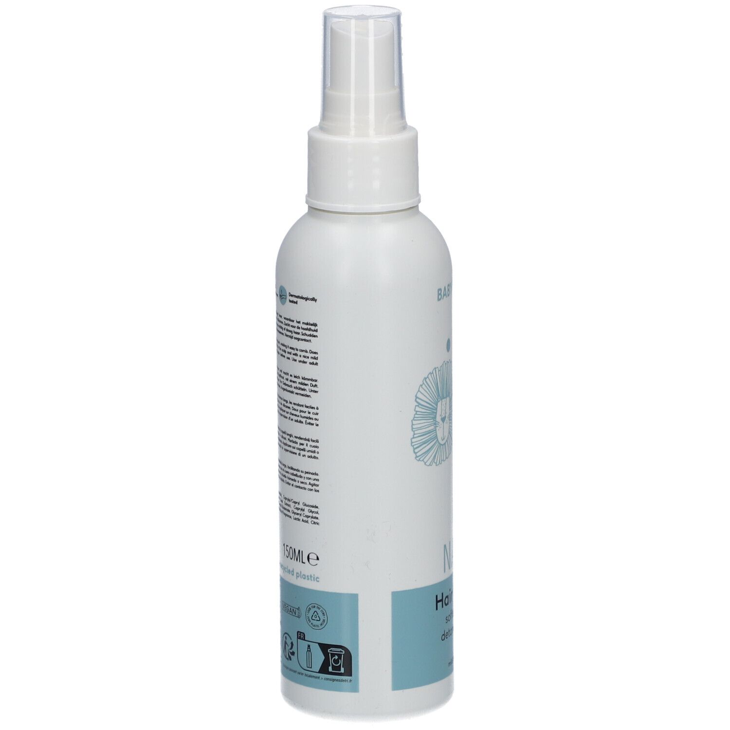 Weiße Flasche mit Sprühkopf. Aufschrift: Naïf, Hair Lotion. Rückseite mit Text. 150ml. Für Baby & Kids.
