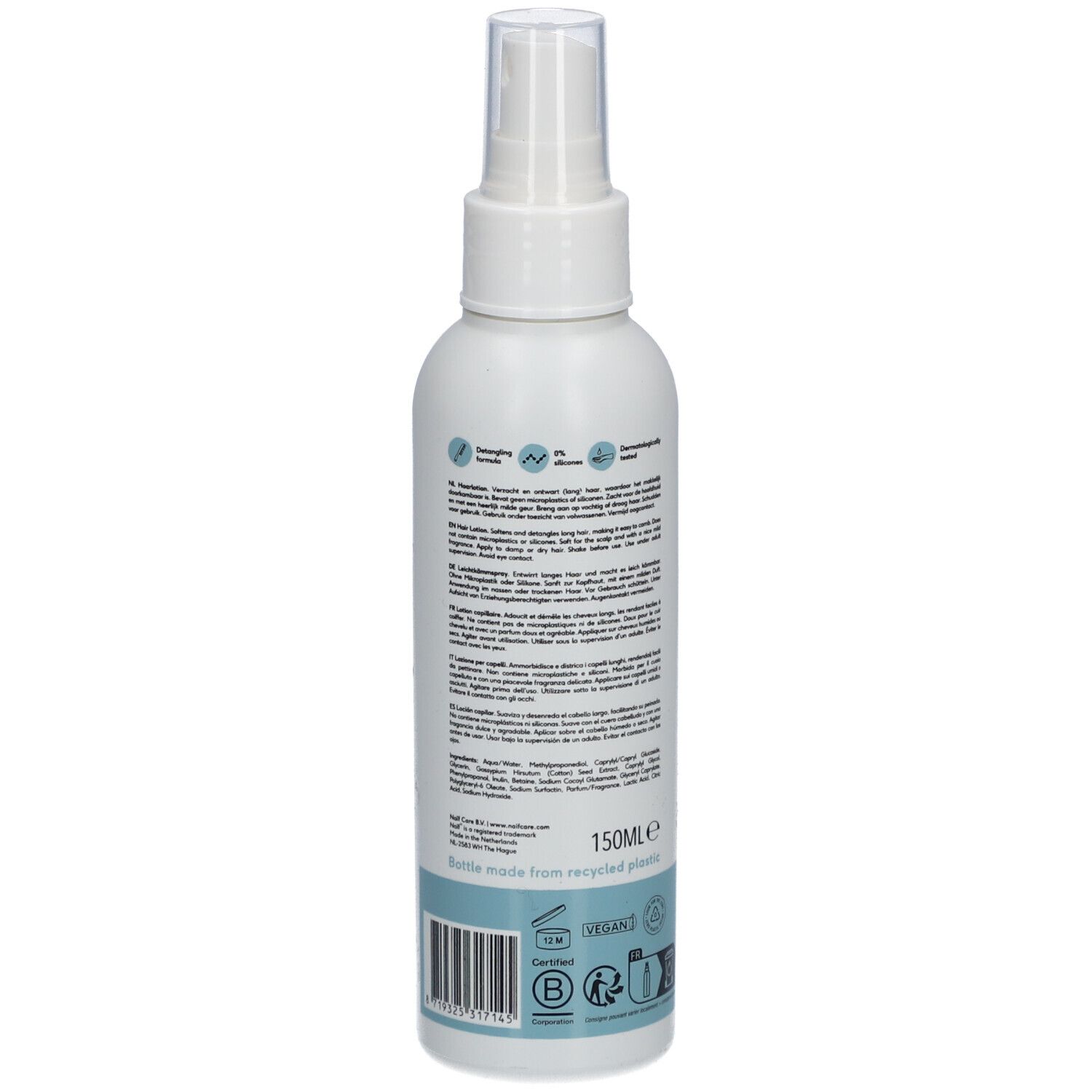 Weiße Flasche mit Sprühkopf. Aufschrift: Naïf, Hair Lotion. Rückseite mit Text. 150ml. Für Baby & Kids.