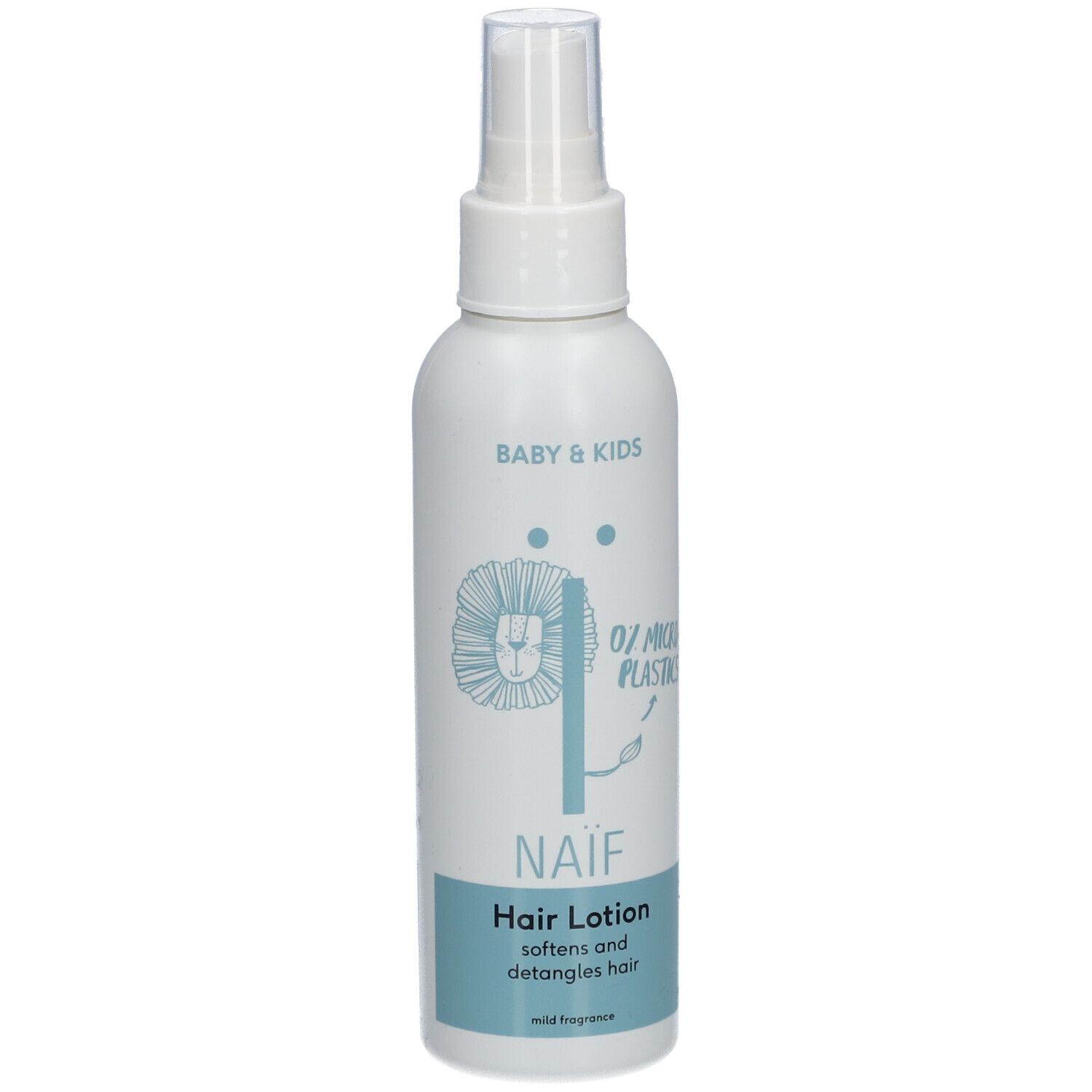 Weiße Flasche mit Sprühkopf. Aufschrift: Naïf, Hair Lotion. Enthält 0% Mikroplastik. Für Baby & Kids.