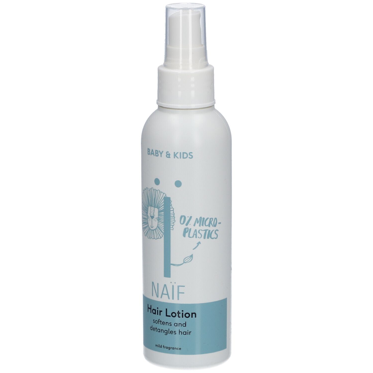 Weiße Flasche mit Sprühkopf. Aufschrift: Naïf, Hair Lotion. Enthält 0% Mikroplastik. Für Baby & Kids.