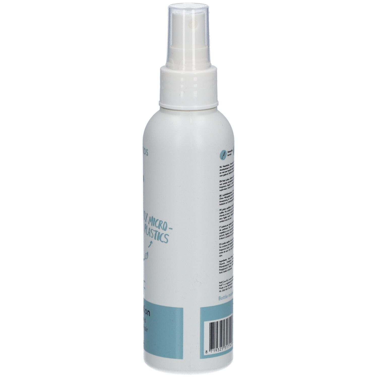 Weiße Flasche mit Sprühkopf. Aufschrift: Naïf, Hair Lotion. Rückseite mit Text. Für Baby & Kids.