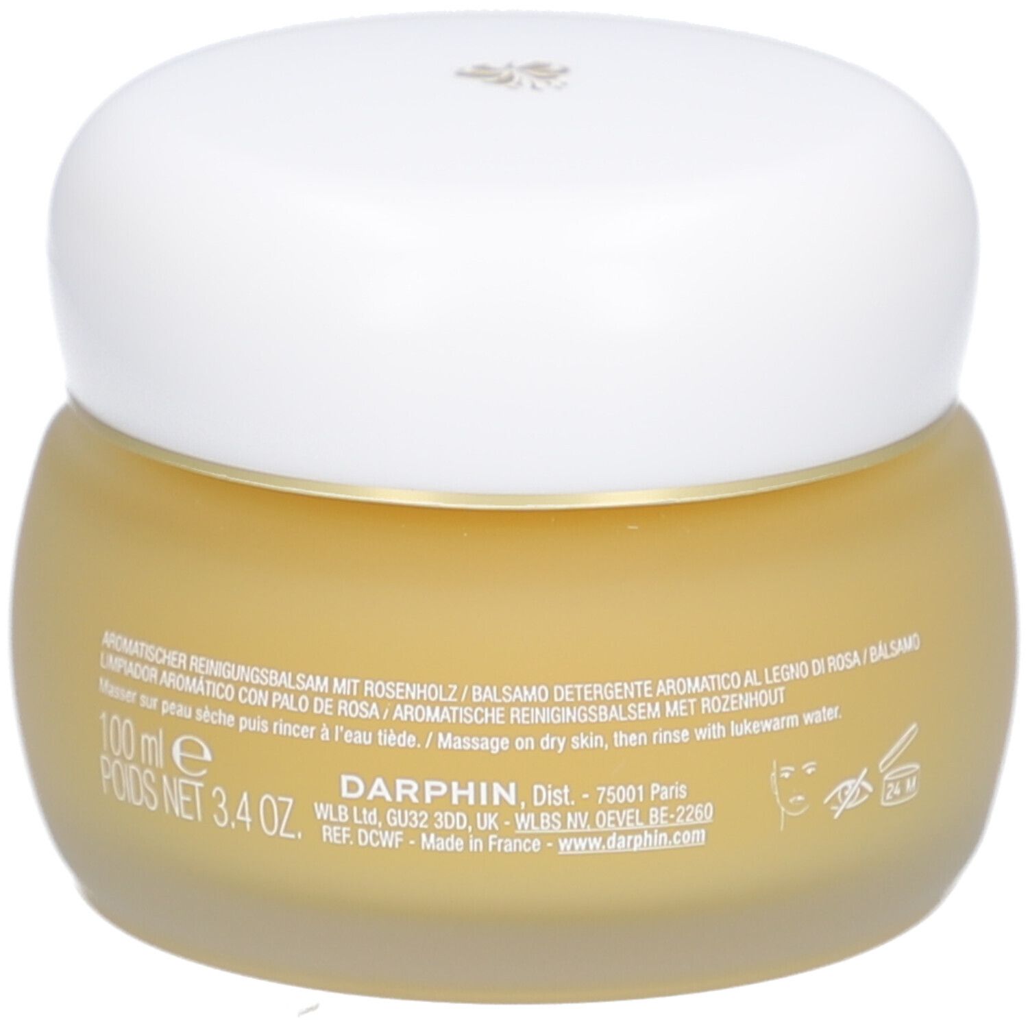 Runder Glastiegel mit gelblicher Creme und weißem Deckel. Text: Darphin, Eclat Sublime, 100 ml.