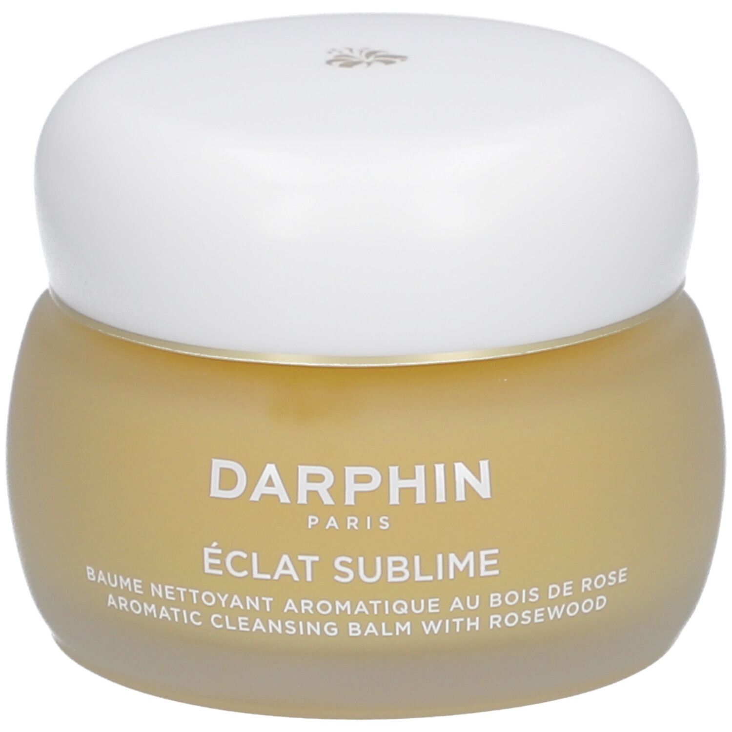 Runder Glastiegel mit gelblicher Creme und weißem Deckel. Text: Darphin, Eclat Sublime, Baume nettoyant.