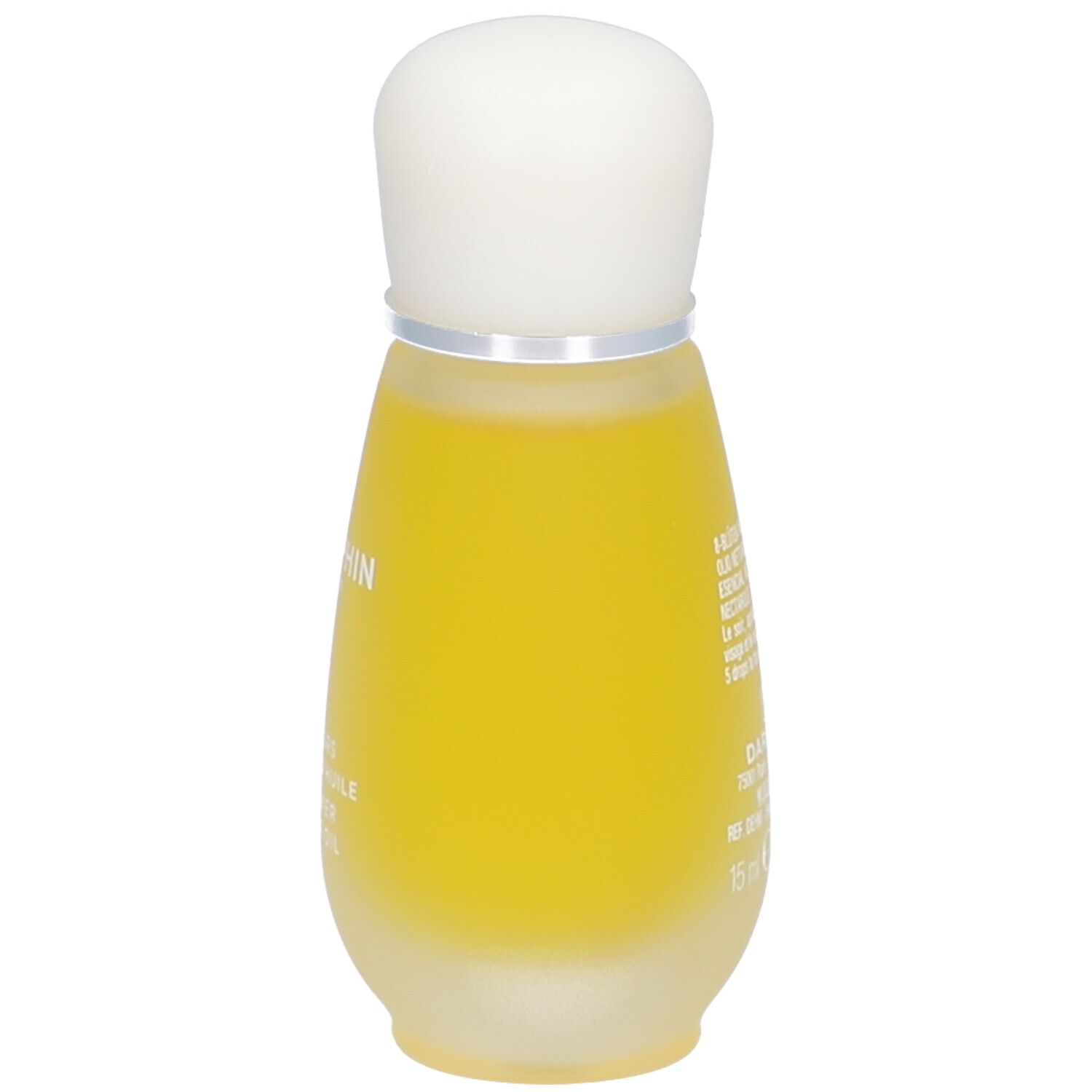 Tropfenförmige Flasche mit gelber Flüssigkeit und weißem Deckel. Aufschrift: Darphin, 15 ml.