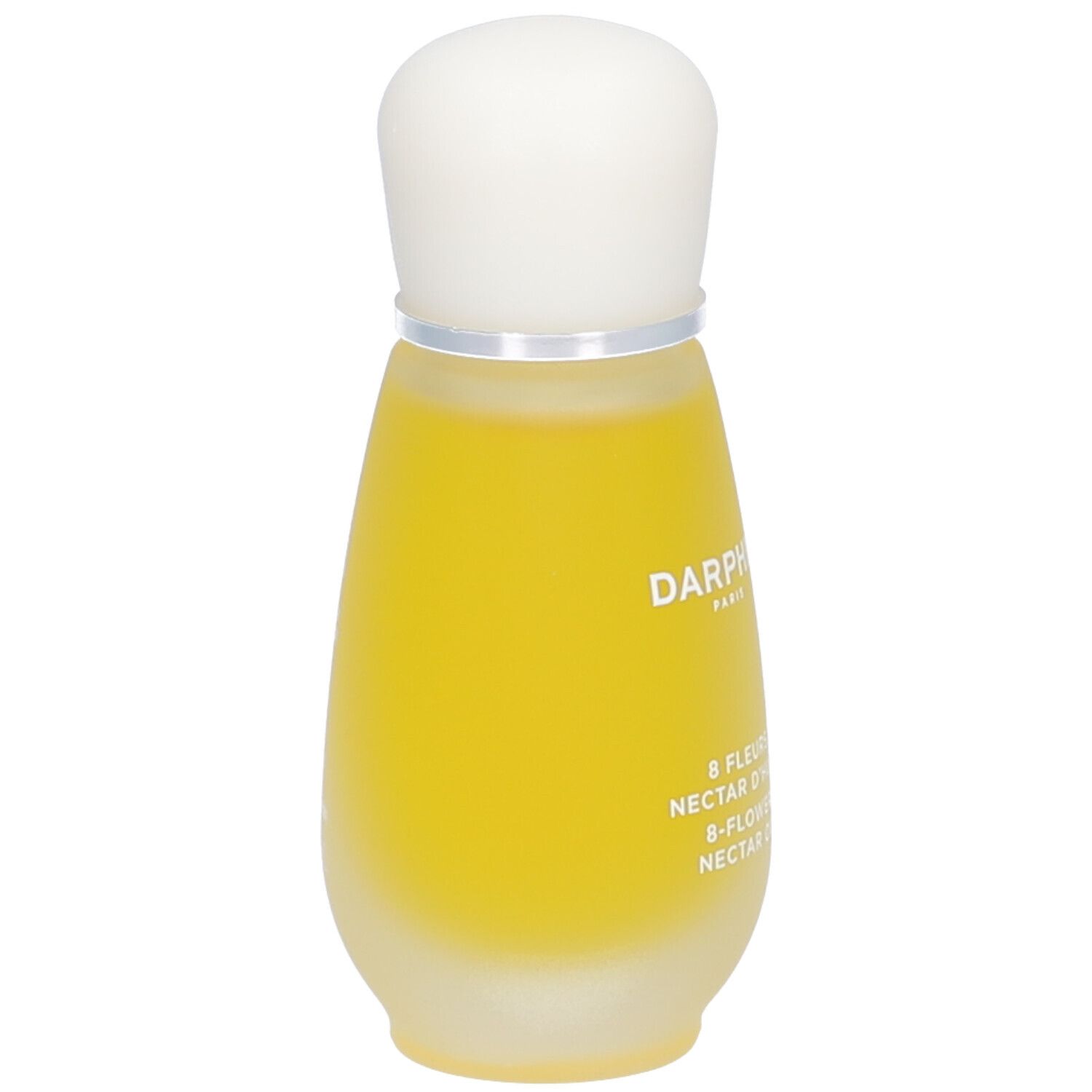Tropfenförmige Flasche mit gelber Flüssigkeit und weißem Deckel. Text: Darphin, 8 Fleurs Nectar Oil.