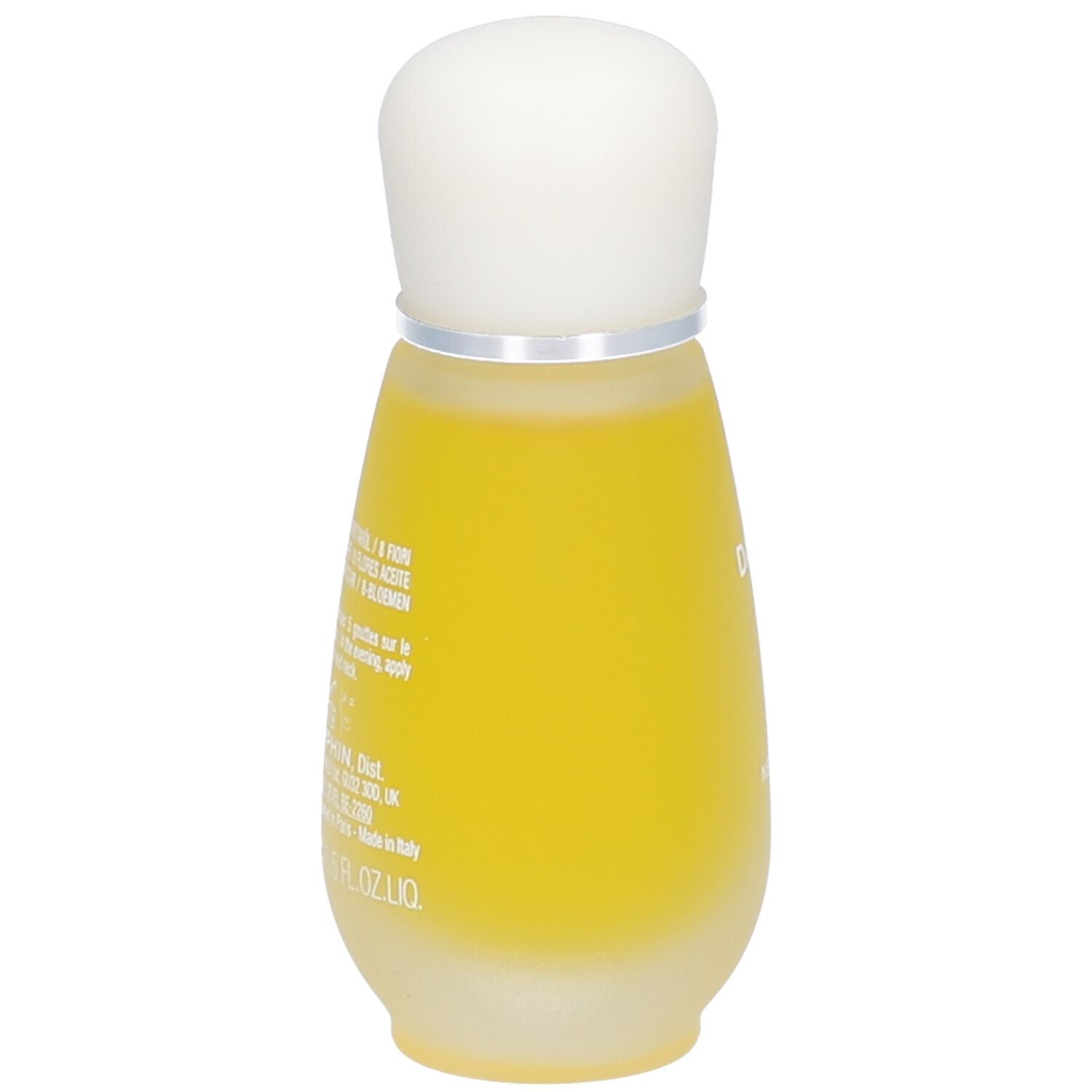 Tropfenförmige Flasche mit gelber Flüssigkeit und weißem Deckel. Text: Darphin, 15 ml, 0.5 FL.OZ.LIQ.