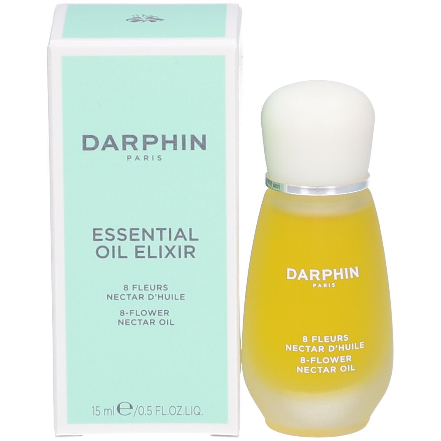 Flasche und Schachtel. Flasche: gelbe Flüssigkeit, weißer Deckel. Schachtel: grün, Text: Darphin, 15 ml.