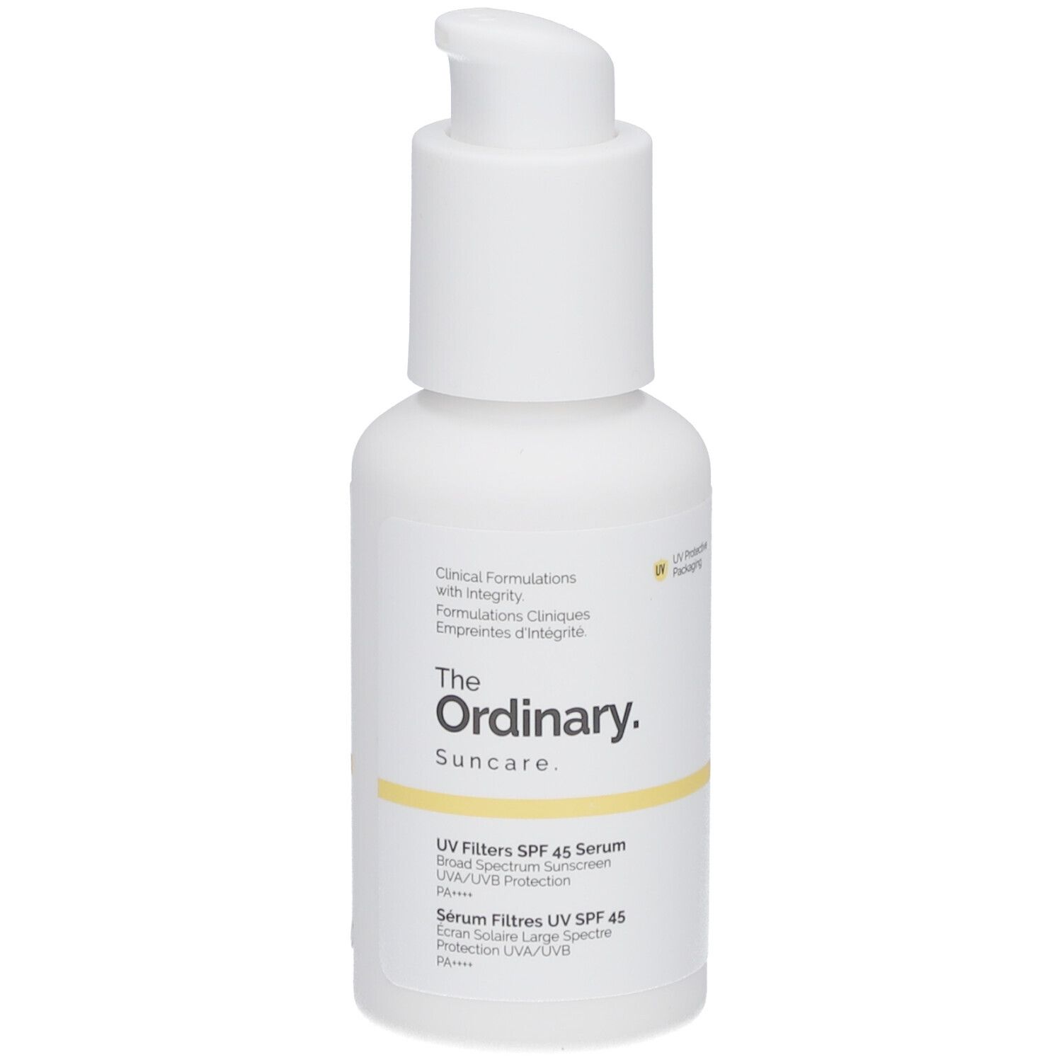 Weiße Flasche mit Pumpe. Aufschrift: The Ordinary Suncare, UV Filters SPF 45 Serum.