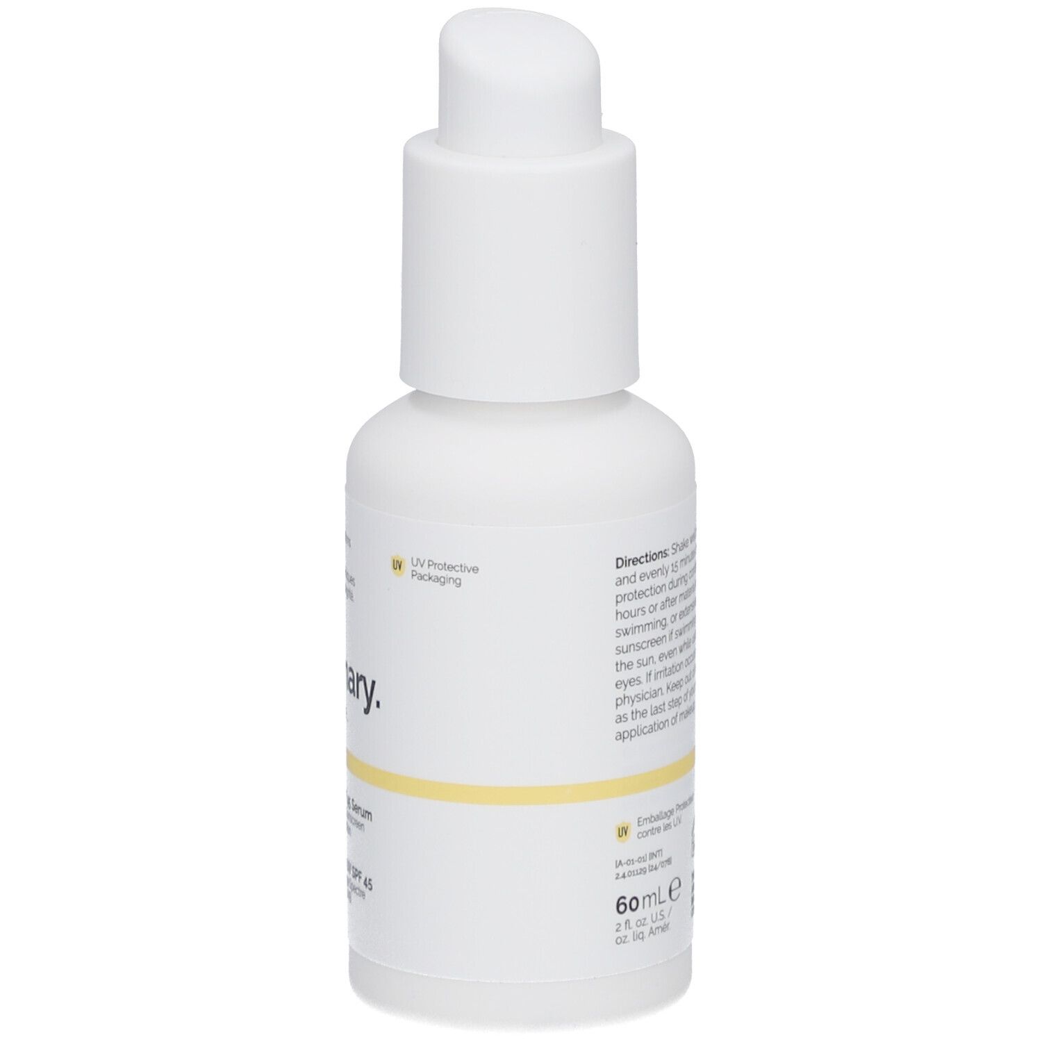 Weiße Flasche mit Pumpe. Aufschrift: The Ordinary Suncare, UV Filters SPF 45 Serum. Rückseite mit Text.