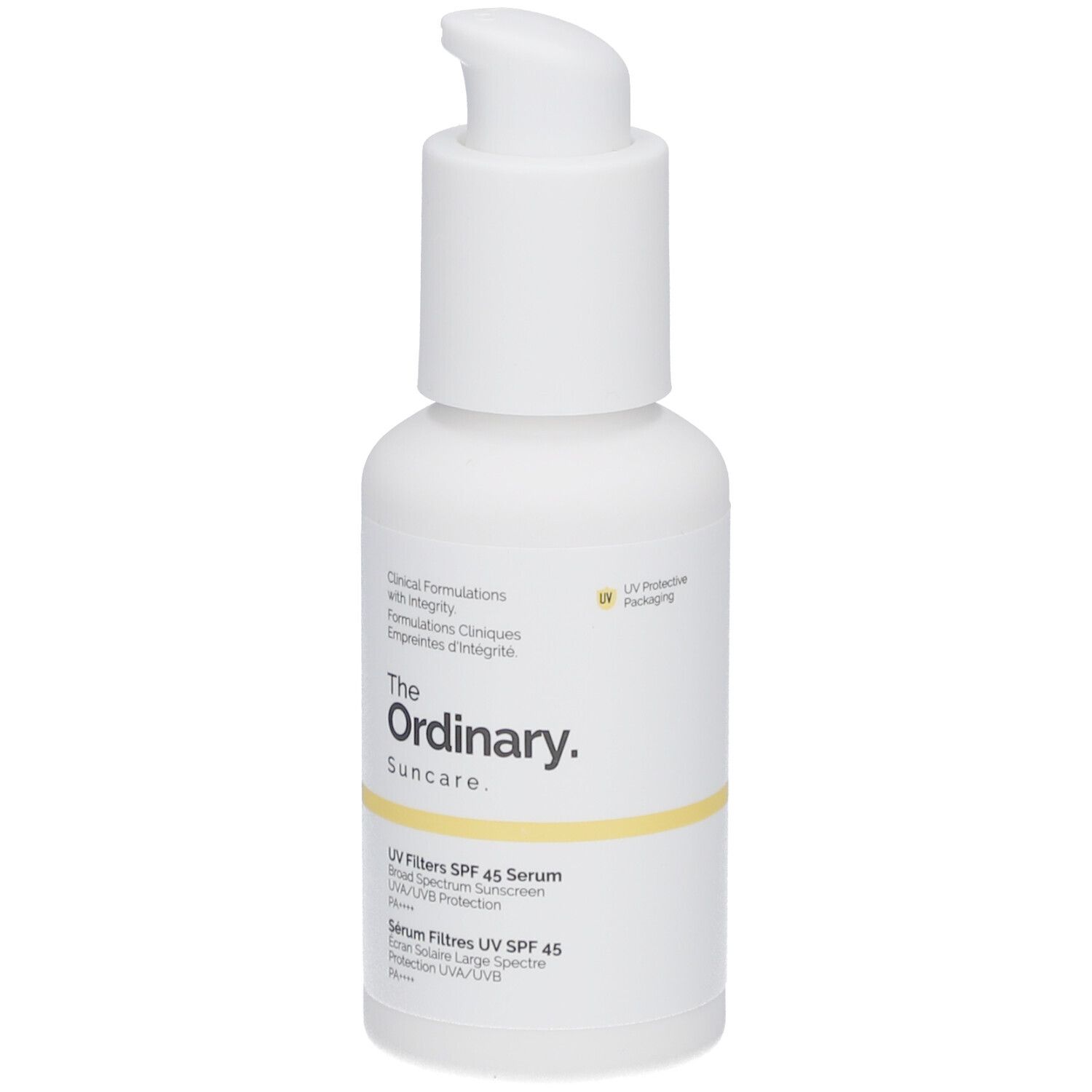 Weiße Flasche mit Pumpe. Aufschrift: The Ordinary Suncare, UV Filters SPF 45 Serum.