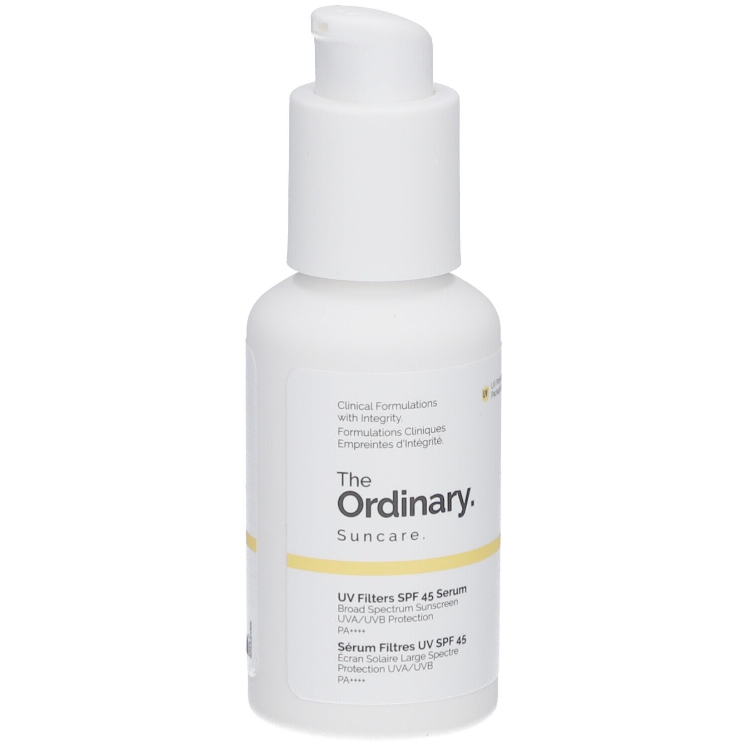 Weiße Flasche mit Pumpe. Aufschrift: The Ordinary Suncare, UV Filters SPF 45 Serum.