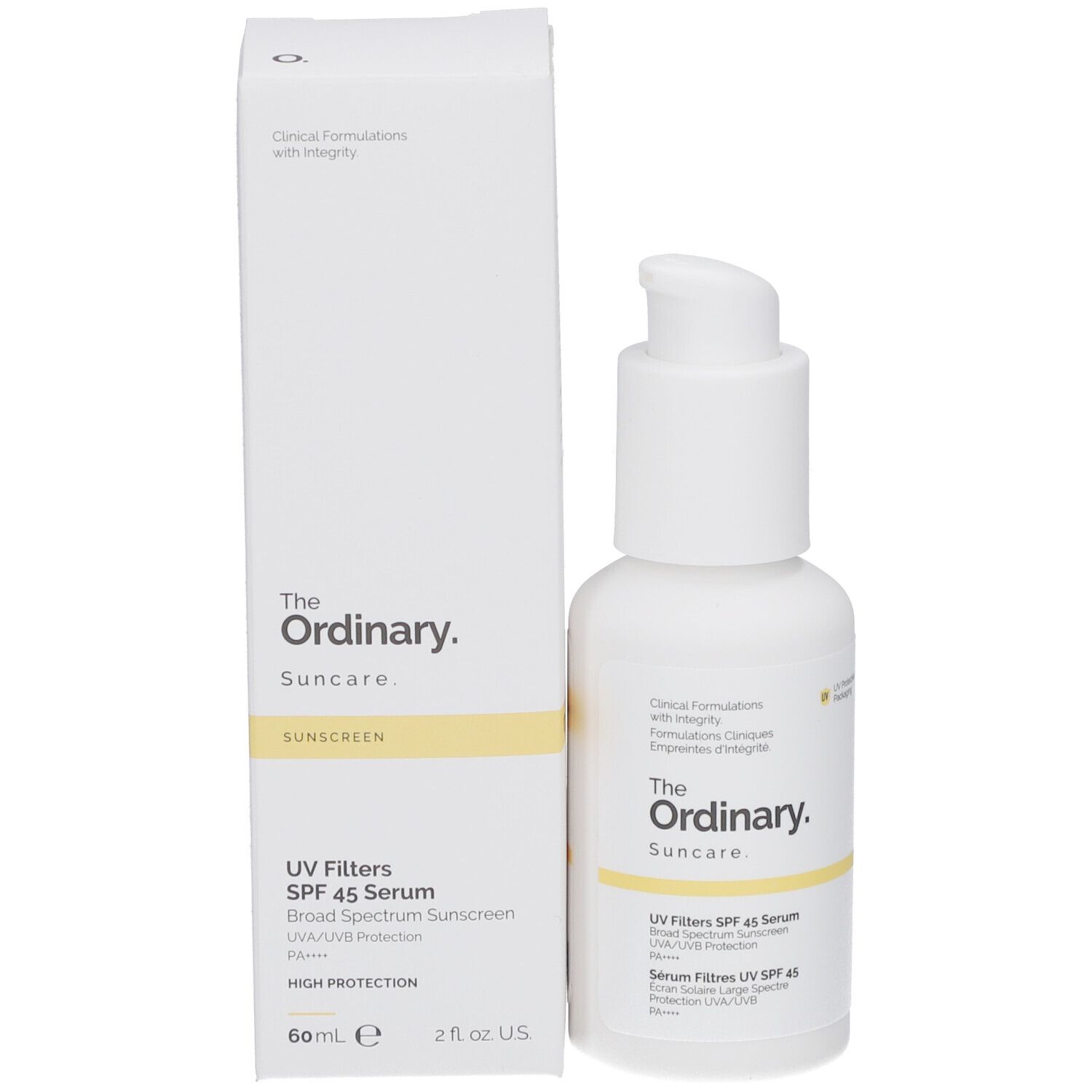 Produkt und Verpackung. Weiße Flasche mit Pumpe und Karton. Aufschrift: The Ordinary Suncare, UV Filters SPF 45 Serum.
