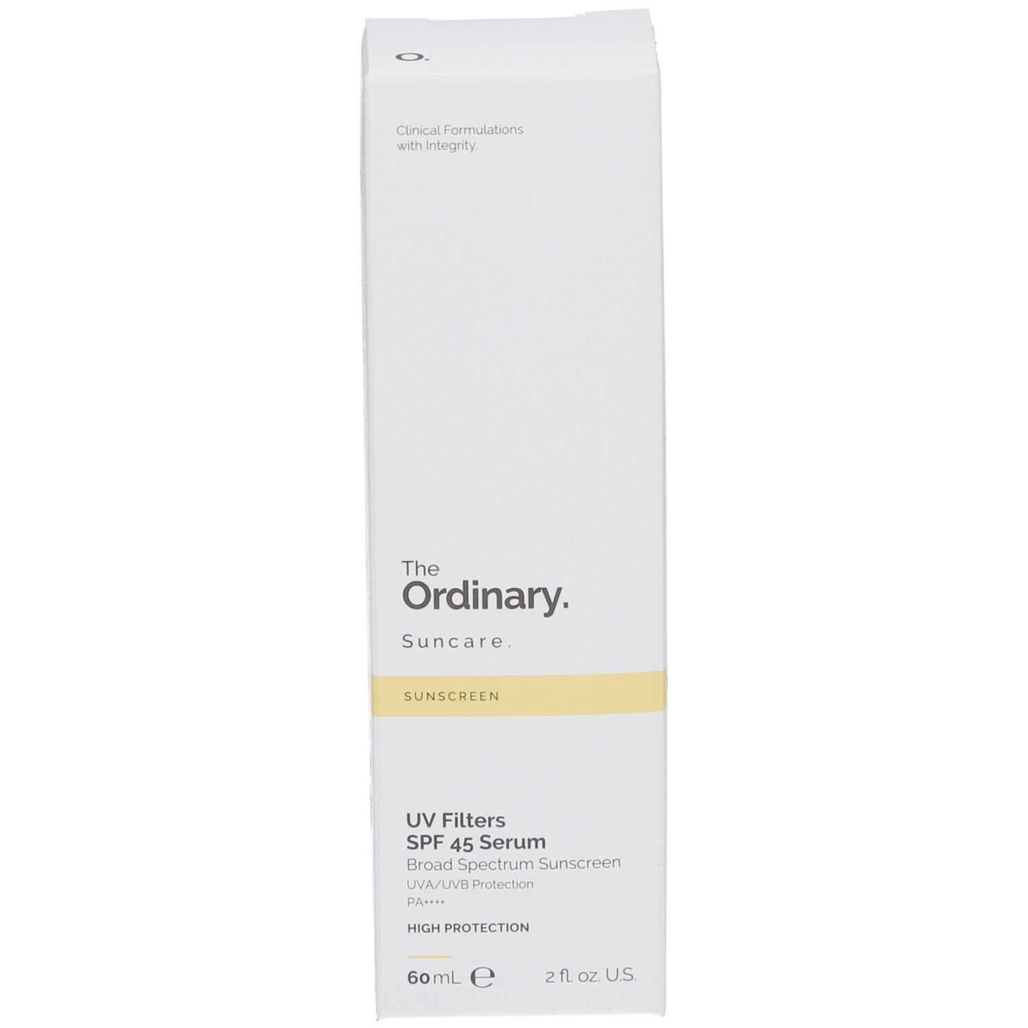 Karton. Aufschrift: The Ordinary Suncare, UV Filters SPF 45 Serum.