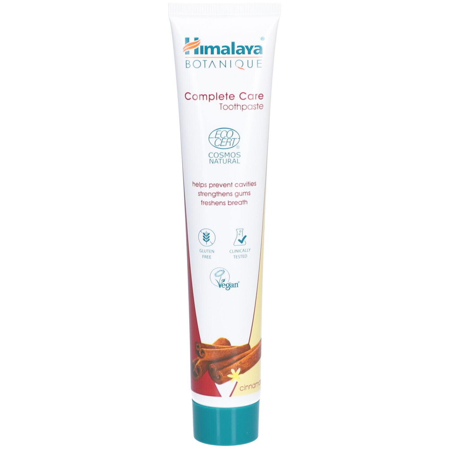 Zahnpasta-Tube Himalaya Botanique Complete Care. Weiß, mit blauem Verschluss. Enthält Zimt-Abbildung und Logos.