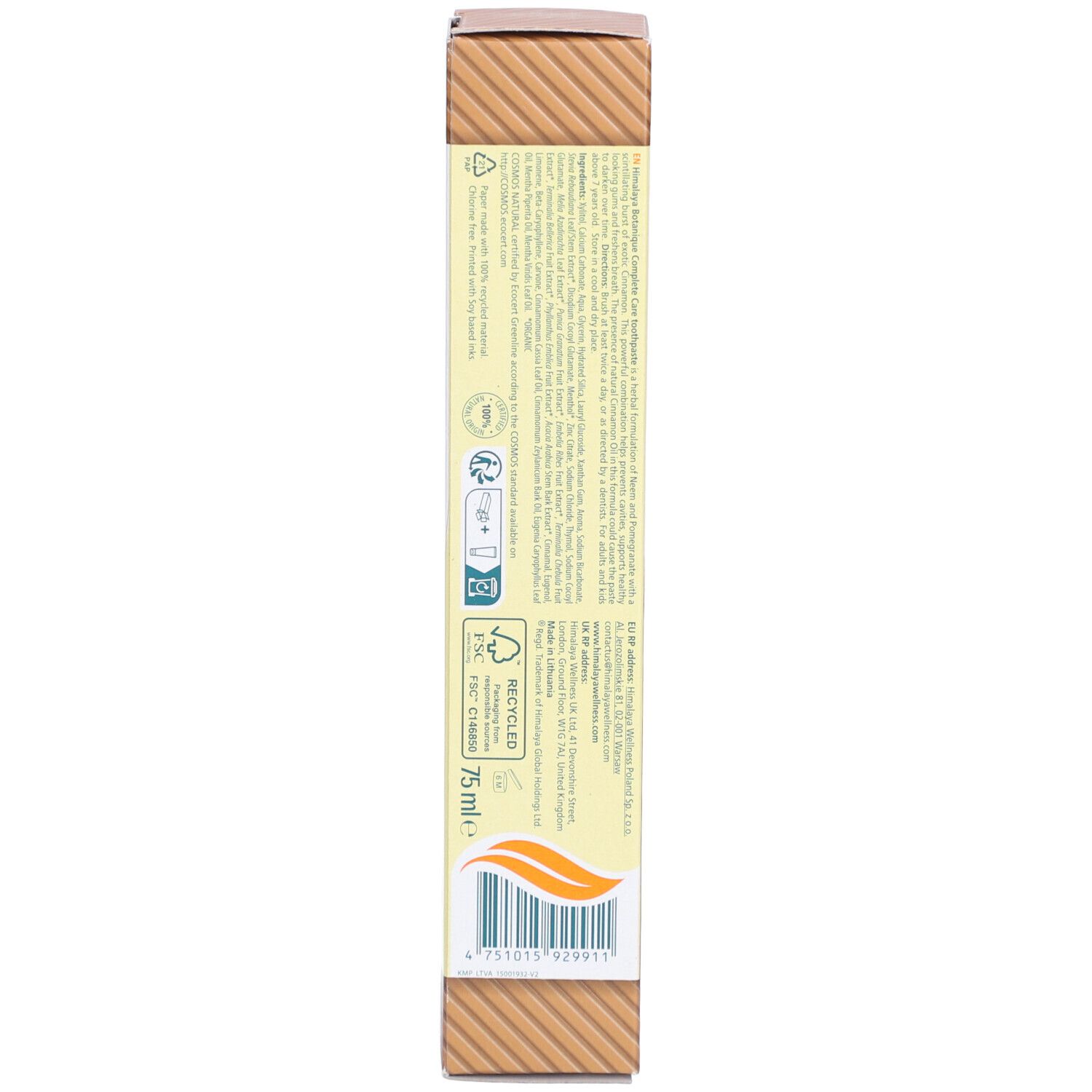 Rückseite des Kartons Himalaya Botanique Complete Care. Text, Logos, braun und gelb. Eckige Form.