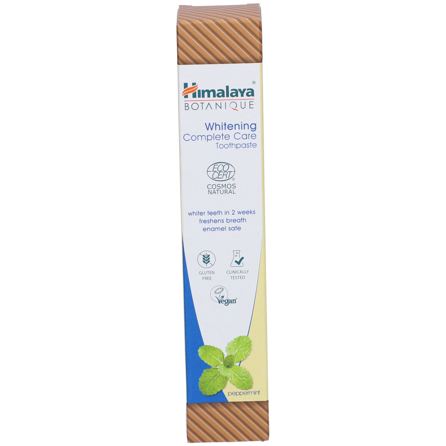 Verpackung mit Produktnamen, Logo und Minzabbildung. Enthält Zertifizierungen. Braune, geriffelte Verpackung mit gelbem Hintergrund.