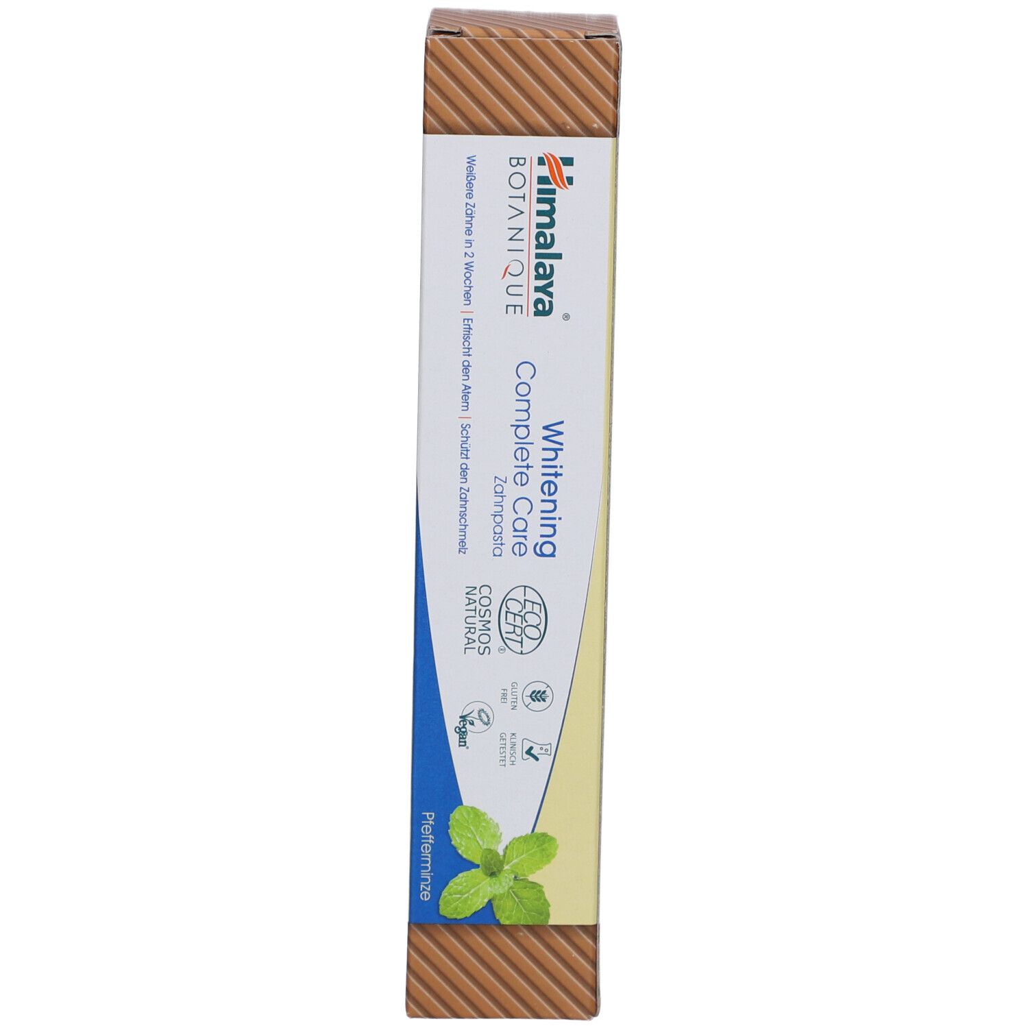 Verpackung mit Produktnamen, Logo und Minzabbildung. Braune, geriffelte Verpackung mit gelbem Hintergrund. Enthält Zertifizierungen.