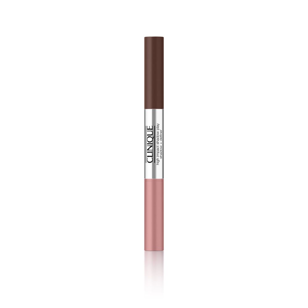Doppel-Lidschattenstift. Ein Ende ist braun, das andere rosa. Silberne Mitte mit Clinique-Logo. Weißer Hintergrund.