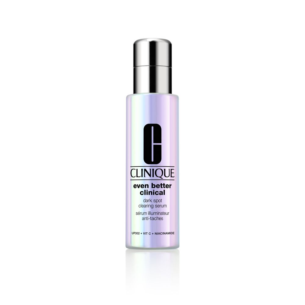 Serumflasche. Farbverlauf-Design. Silberner Deckel. Schriftzug: CLINIQUE, Even Better Clinical, dark spot clearing serum.