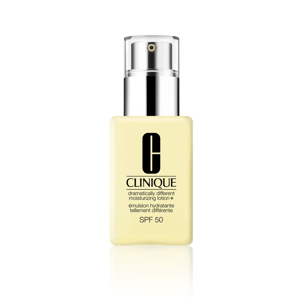 Gelbe Flasche mit silbernem Deckel. Aufschrift: Clinique, Dramatically Different Moisturizing Lotion+ SPF 50.