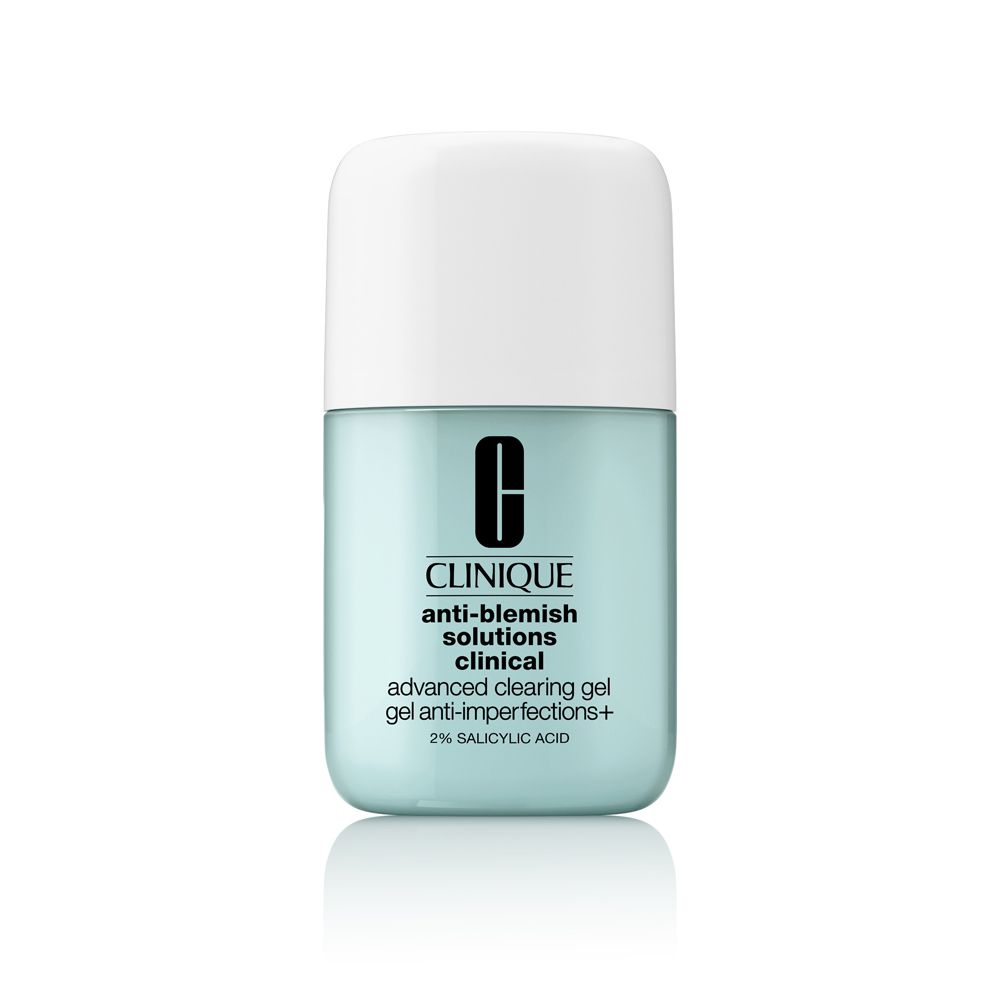 Hellblaues Fläschchen mit weißem Deckel. Aufschrift: Clinique Anti-Blemish Solutions, Advanced Clearing Gel.
