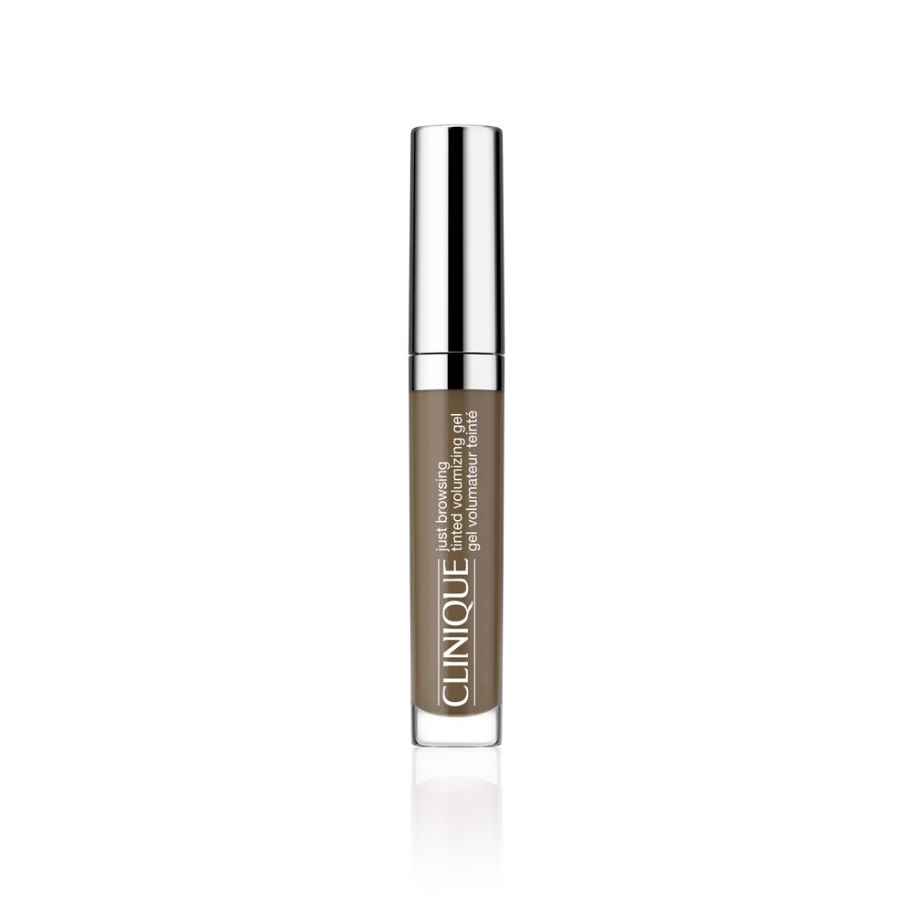 Brauen-Gel mit Applikator. Silberne Kappe, braune Tube mit Produktbezeichnung. Marke: Clinique.