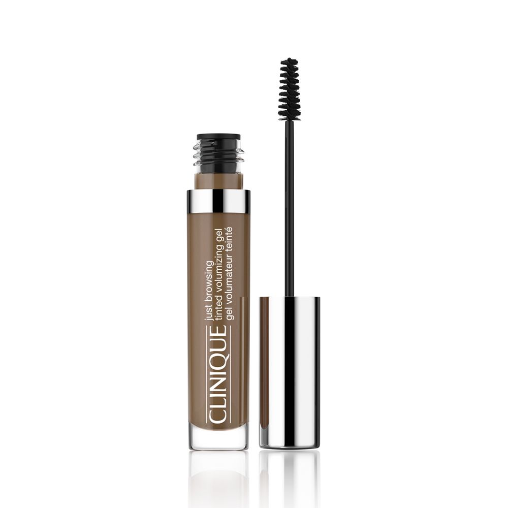 Brauen-Gel mit Bürste. Silberne Kappe, braune Tube mit Produktbezeichnung. Marke: Clinique.