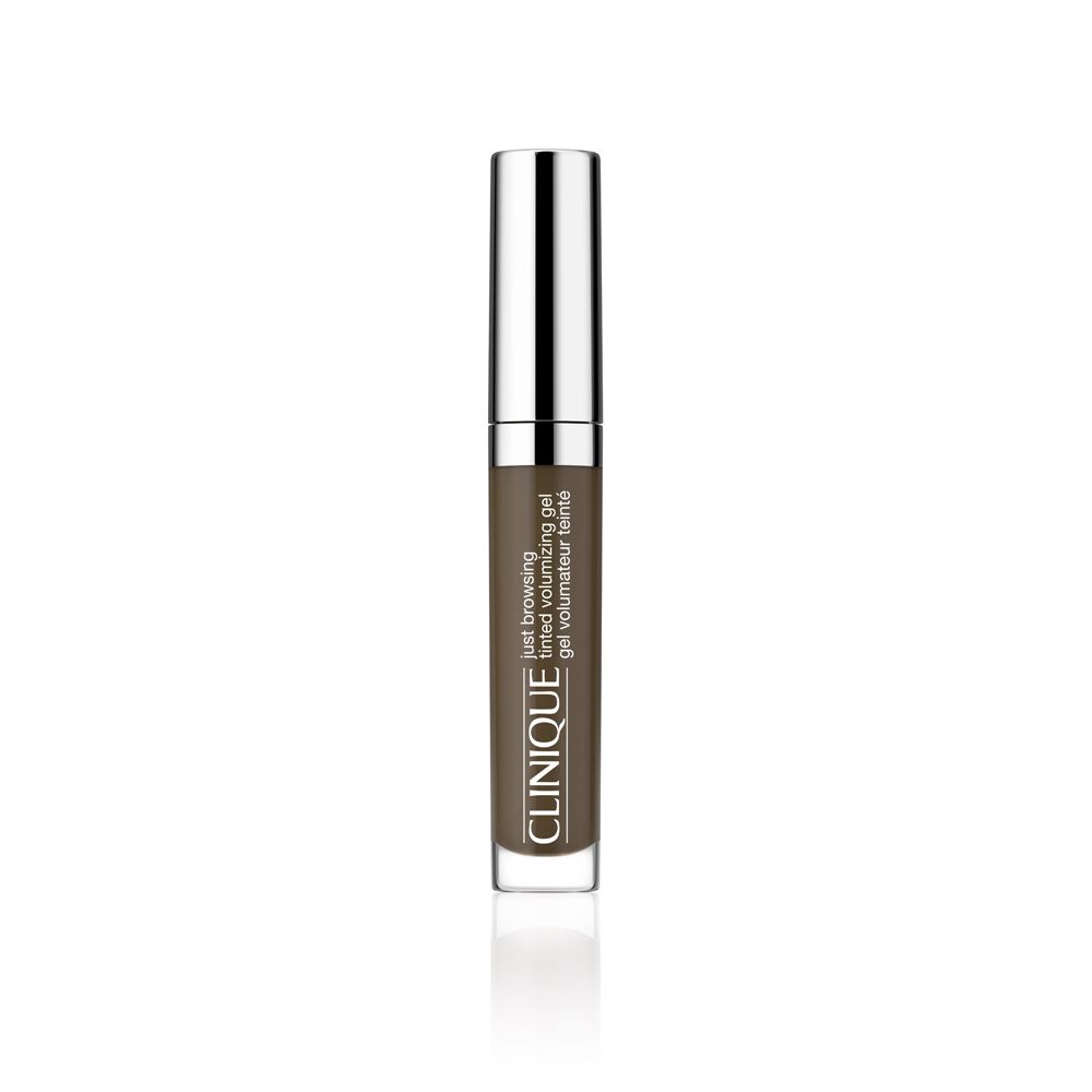 Clinique Just Browsing Gel. Braune Tube mit silbernem Deckel. Text.