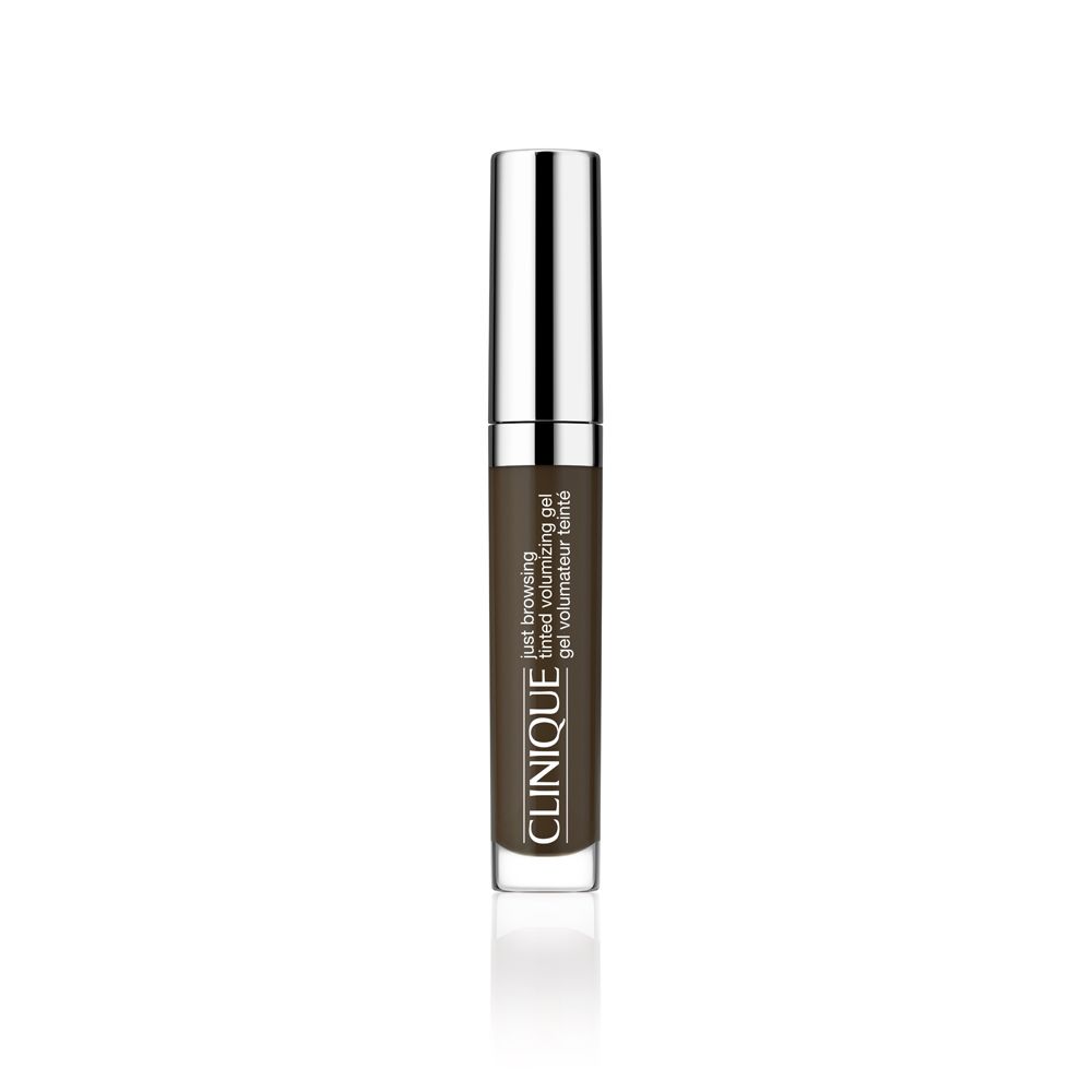 Brauen-Gel-Tube mit silberner Kappe. Aufschrift: Clinique Just Browsing Tinted Volumizing Gel.