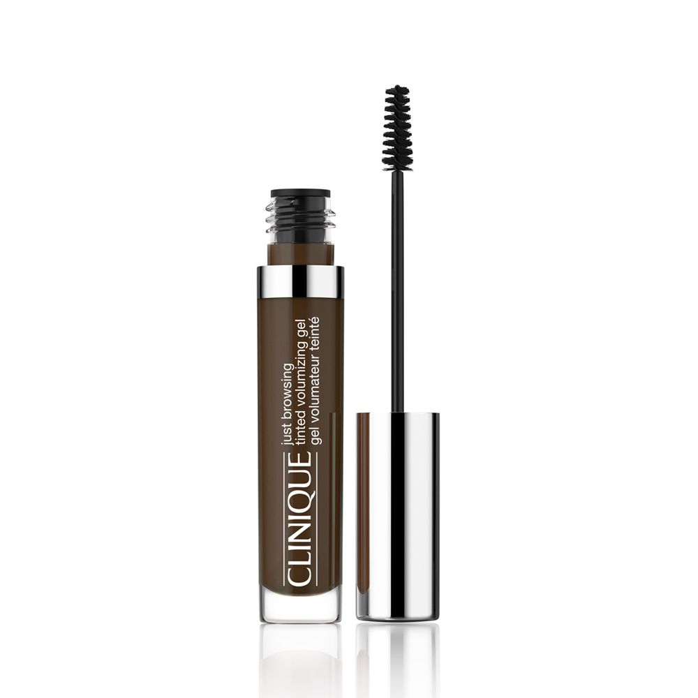 Brauen-Gel-Tube mit Bürste und silberner Kappe. Aufschrift: Clinique Just Browsing Tinted Volumizing Gel.