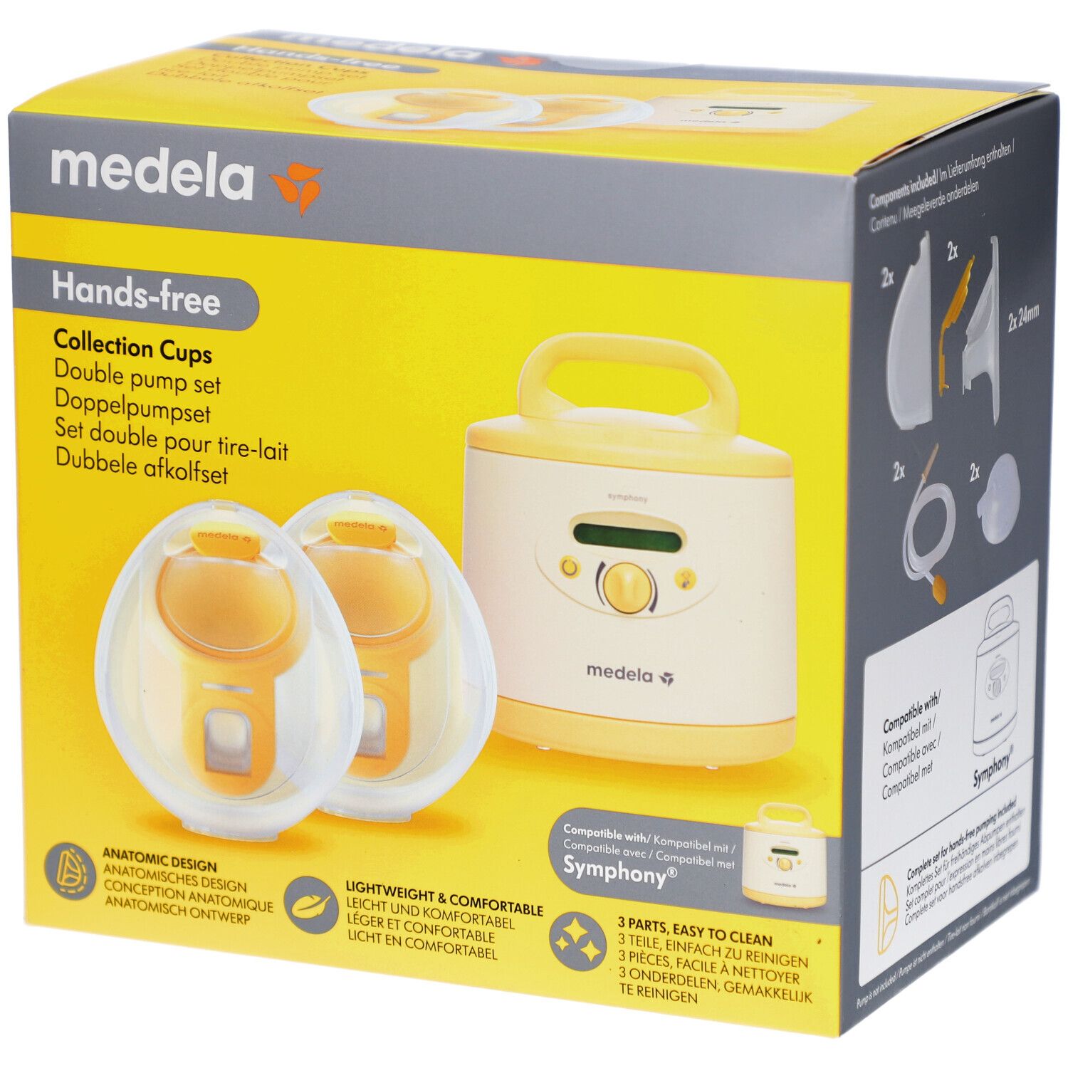Gelbe Verpackung mit Produktabbildung. Hands-free Collection Cups, Doppelpump-Set. Medela-Logo. Symphony-Kompatibilität.