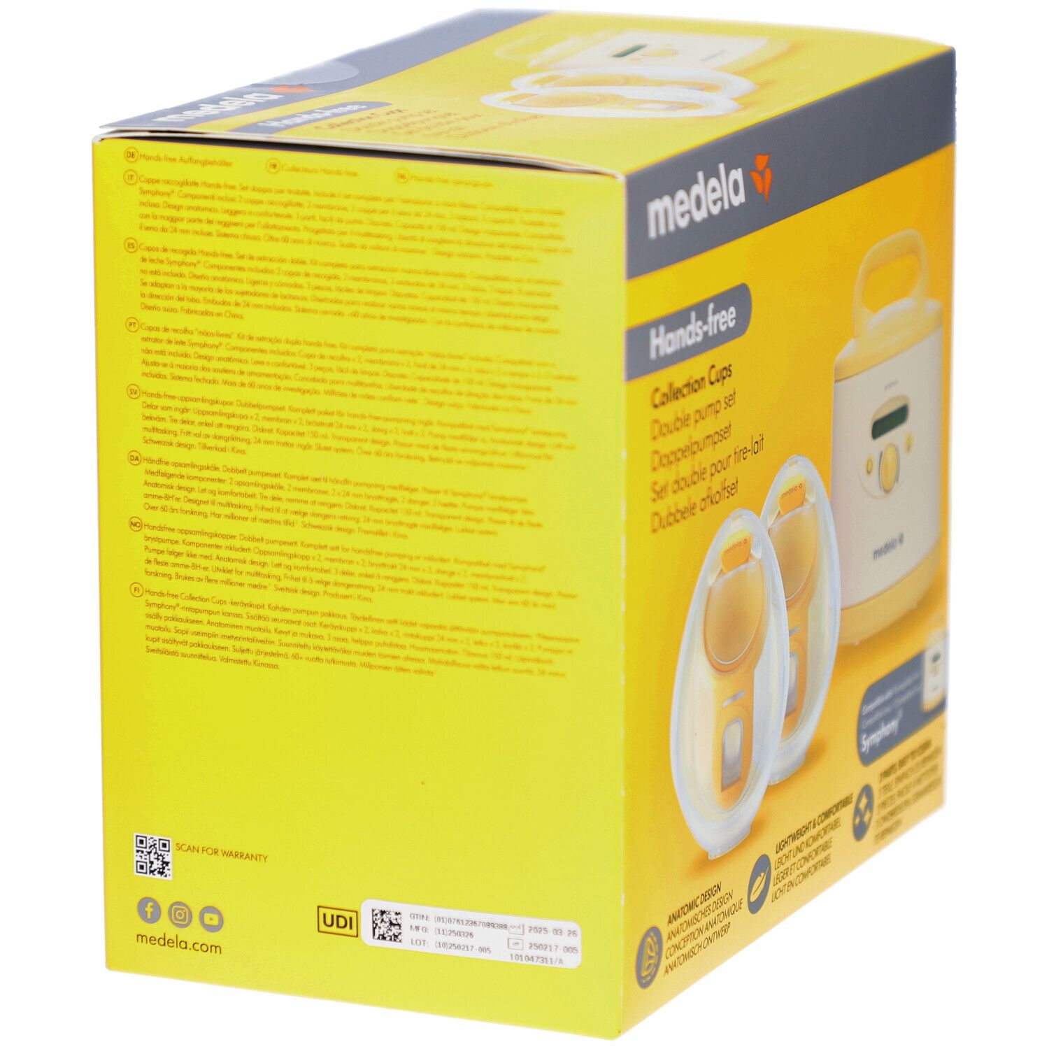 Gelbe Verpackung, Rückseite. Hands-free Collection Cups. Medela-Logo. Text in mehreren Sprachen. QR-Code und UDI-Code.