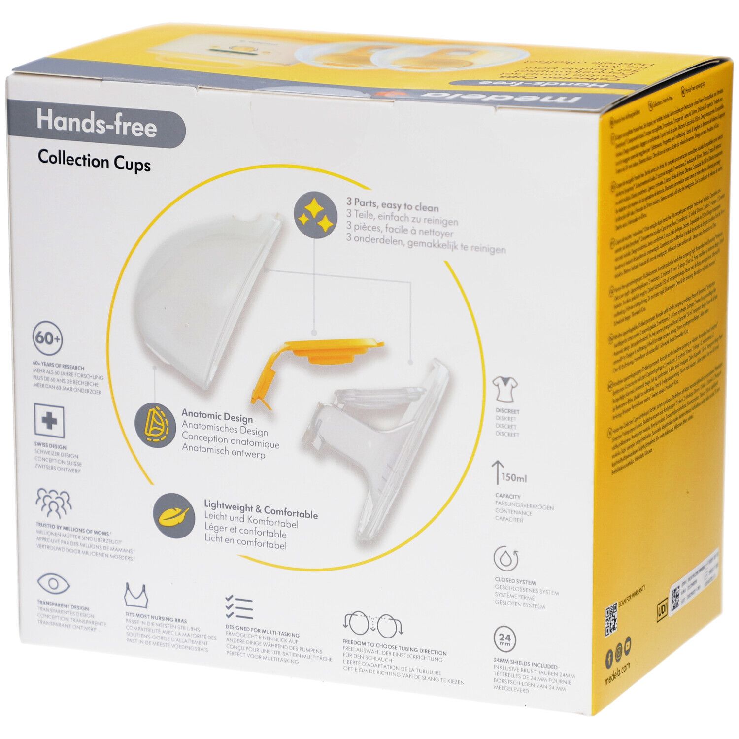 Gelbe Verpackung, Rückseite. Hands-free Collection Cups. Komponenten-Illustrationen. Anatomisches Design. Leicht und komfortabel.