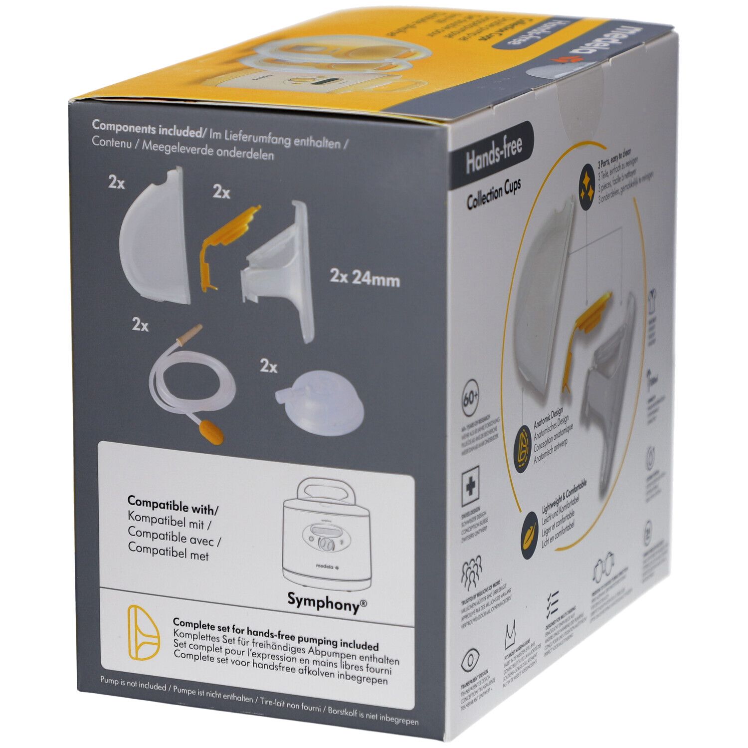 Gelbe Verpackung, Seitenansicht. Hands-free Collection Cups. Komponenten abgebildet: 2x 24mm, Schläuche. Symphony-Kompatibilität.