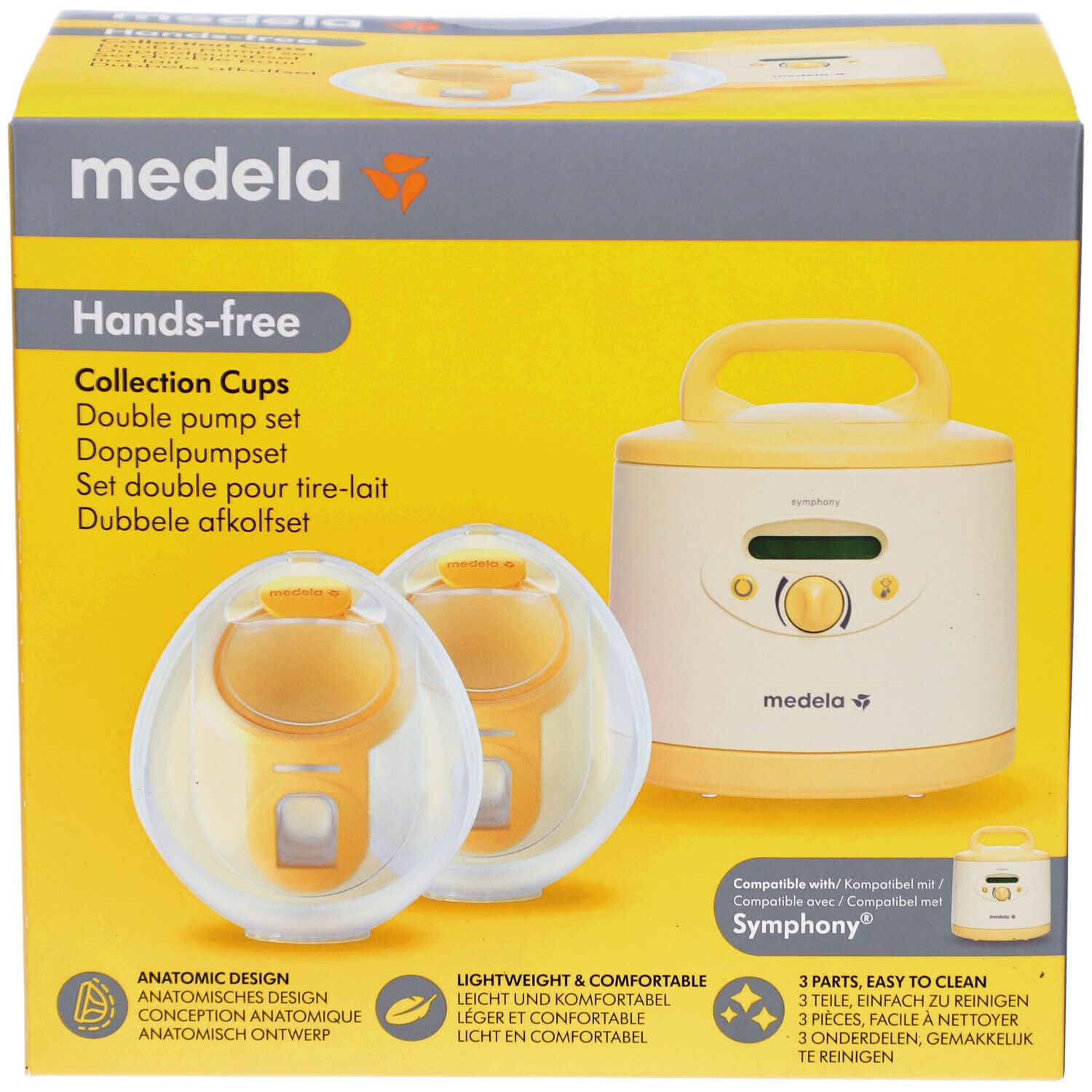 Gelbe Verpackung mit Produktabbildung. Hands-free Collection Cups, Doppelpump-Set. Medela-Logo. Symphony-Kompatibilität.