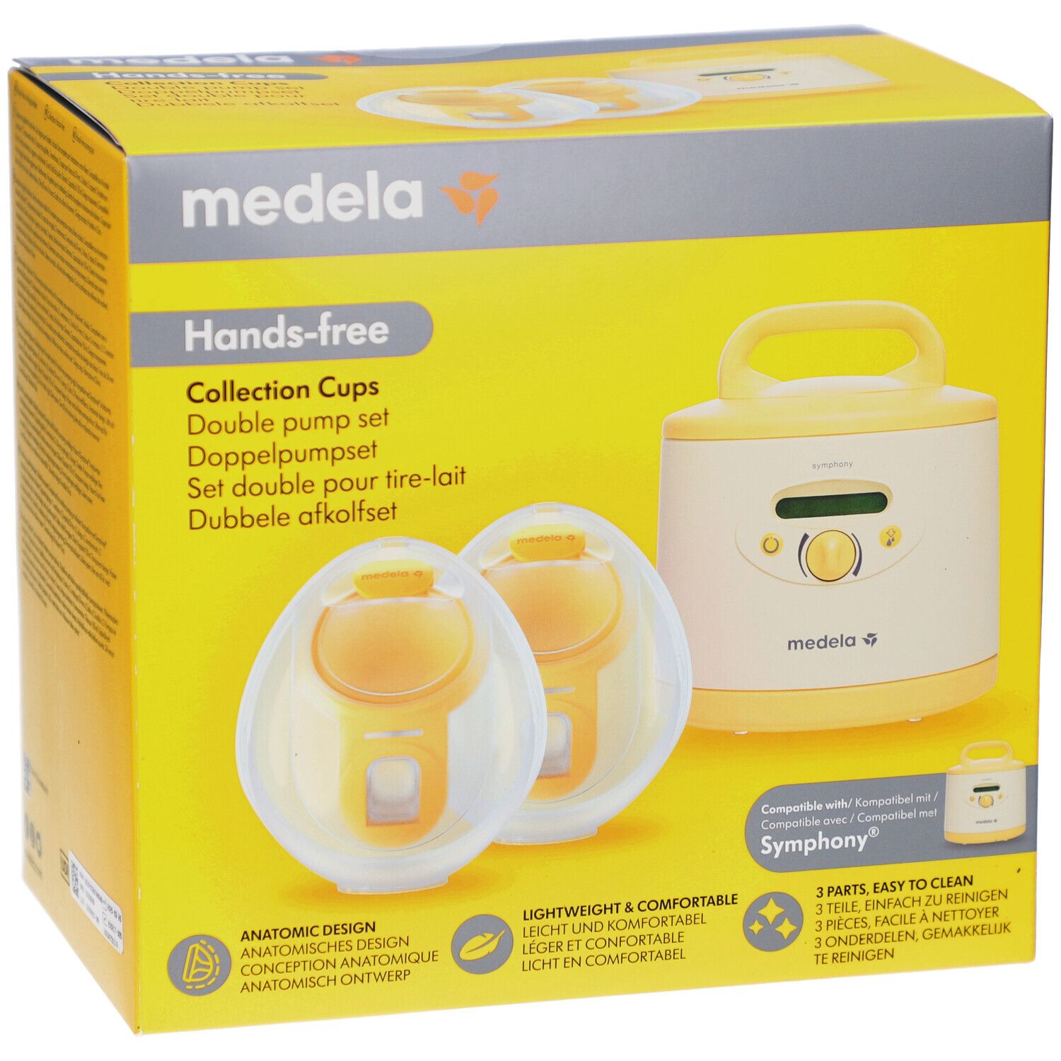 Gelbe Verpackung mit Produktabbildung. Hands-free Collection Cups, Doppelpump-Set. Medela-Logo. Symphony-Kompatibilität.