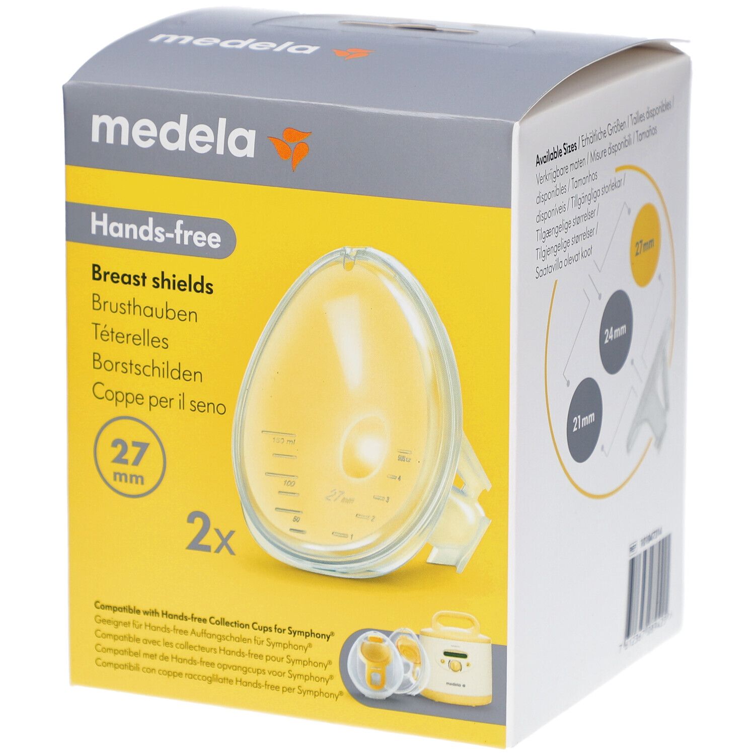 Medela Hands-free Brusthauben, 27 mm, in Verpackung. Gelbe Brusthaube mit gelber Verpackung. Produktname und Logo sichtbar.