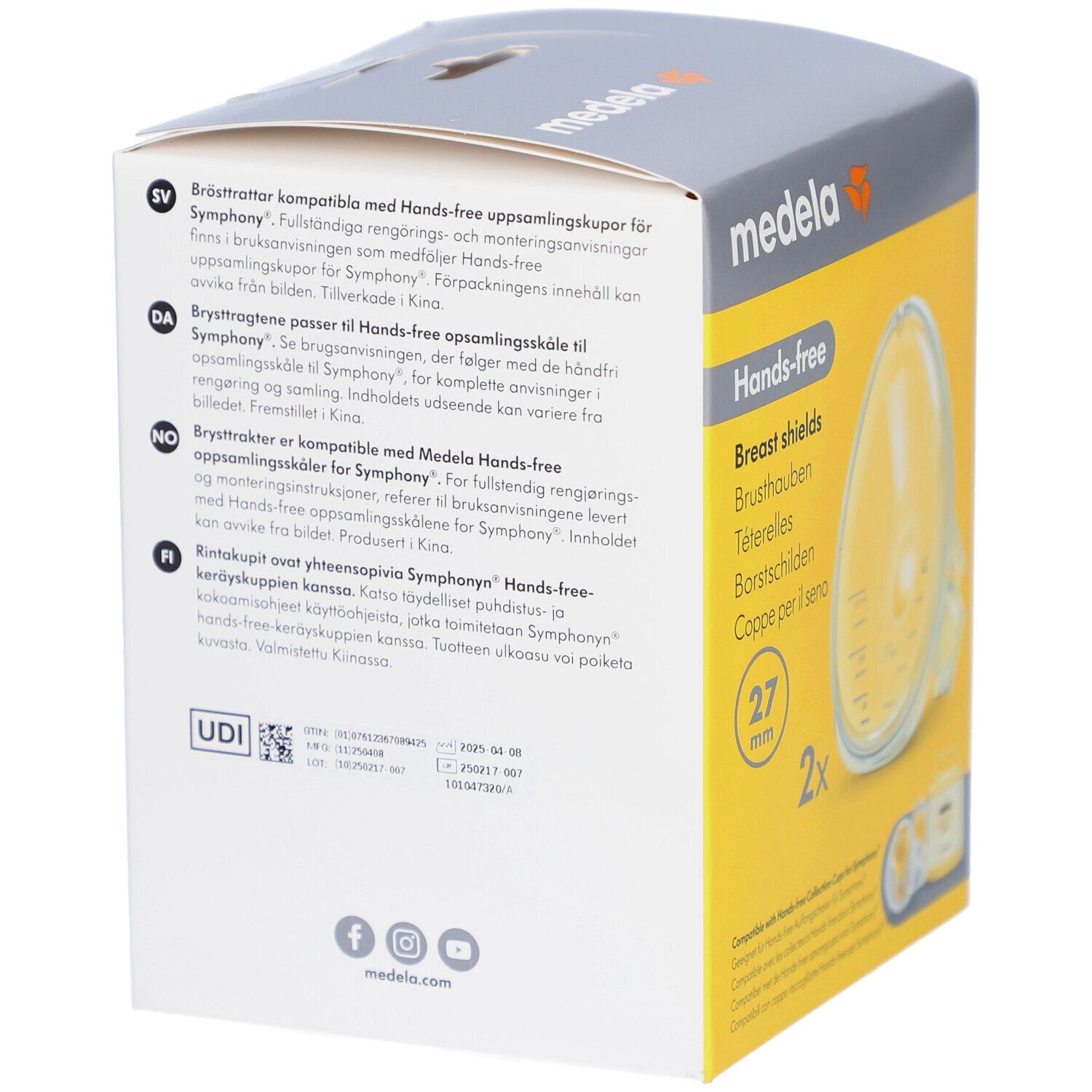 Rückseite der Medela-Verpackung. Text in mehreren Sprachen. Produktname und Logo sind sichtbar. UDI-Code und Kontaktinformationen.