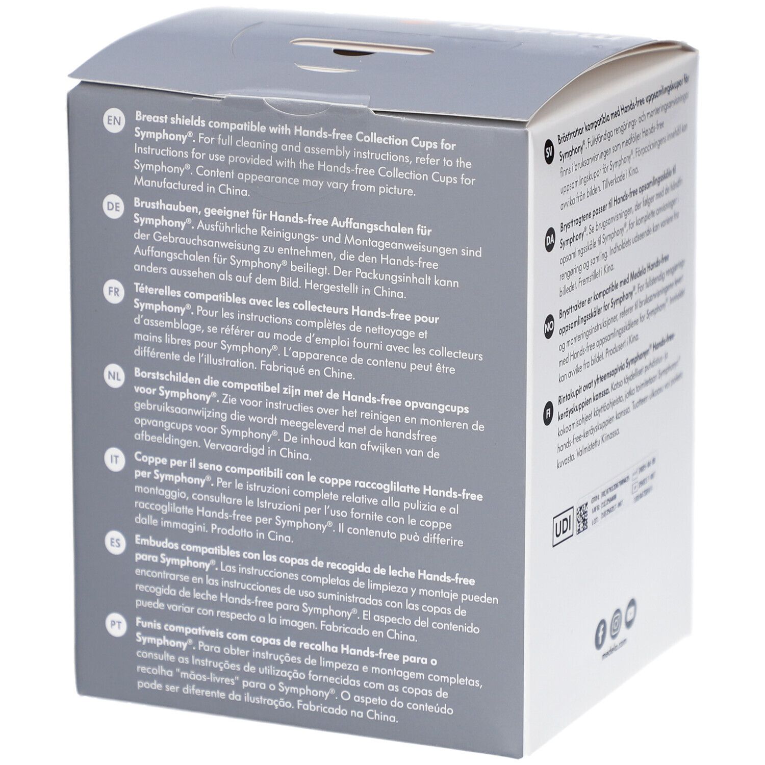 Medela-Verpackung mit Text in mehreren Sprachen. Enthält Informationen zu den Brusthauben. UDI-Code und Kontaktinformationen.